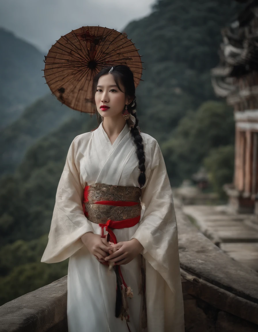 Girl in Hanfu，Beautiful face，Good figure，White skin and beautiful appearance，With an umbrella，Behind her is the temple，Walking alone in heavy rain，In the distance are mountains and waterfalls，tmasterpiece，Masterpiece，rich details​，hdr