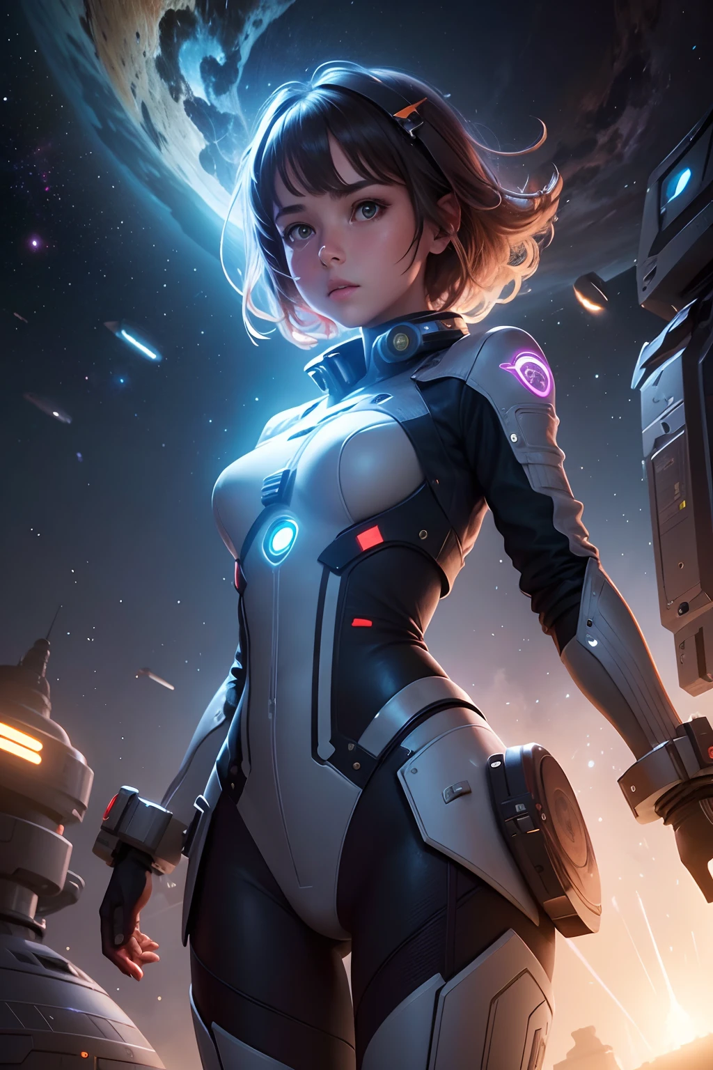 A girl piloting a spaceship in the vast universe,illustration,ultra-detailed,realistic:1.37,HDR,UHD,studio lighting,extreme detail description,professional,vivid colors,concept artists,cosmic colors,dramatic lighting