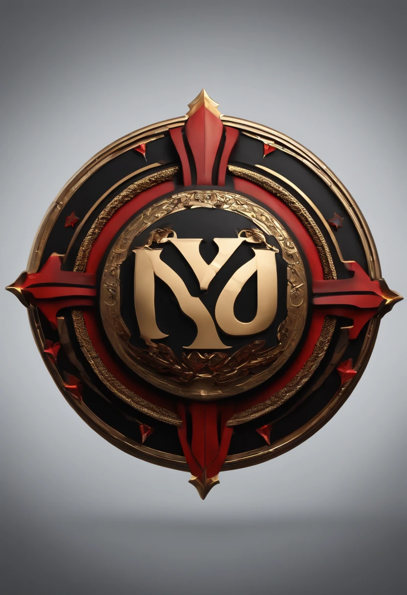 a logo with the name "Yoru" on a round shield, gold, black and red, hyper detailed, sharp, futuristic, 8k, detailed, miniature humans, climbing, name, rounder, black background