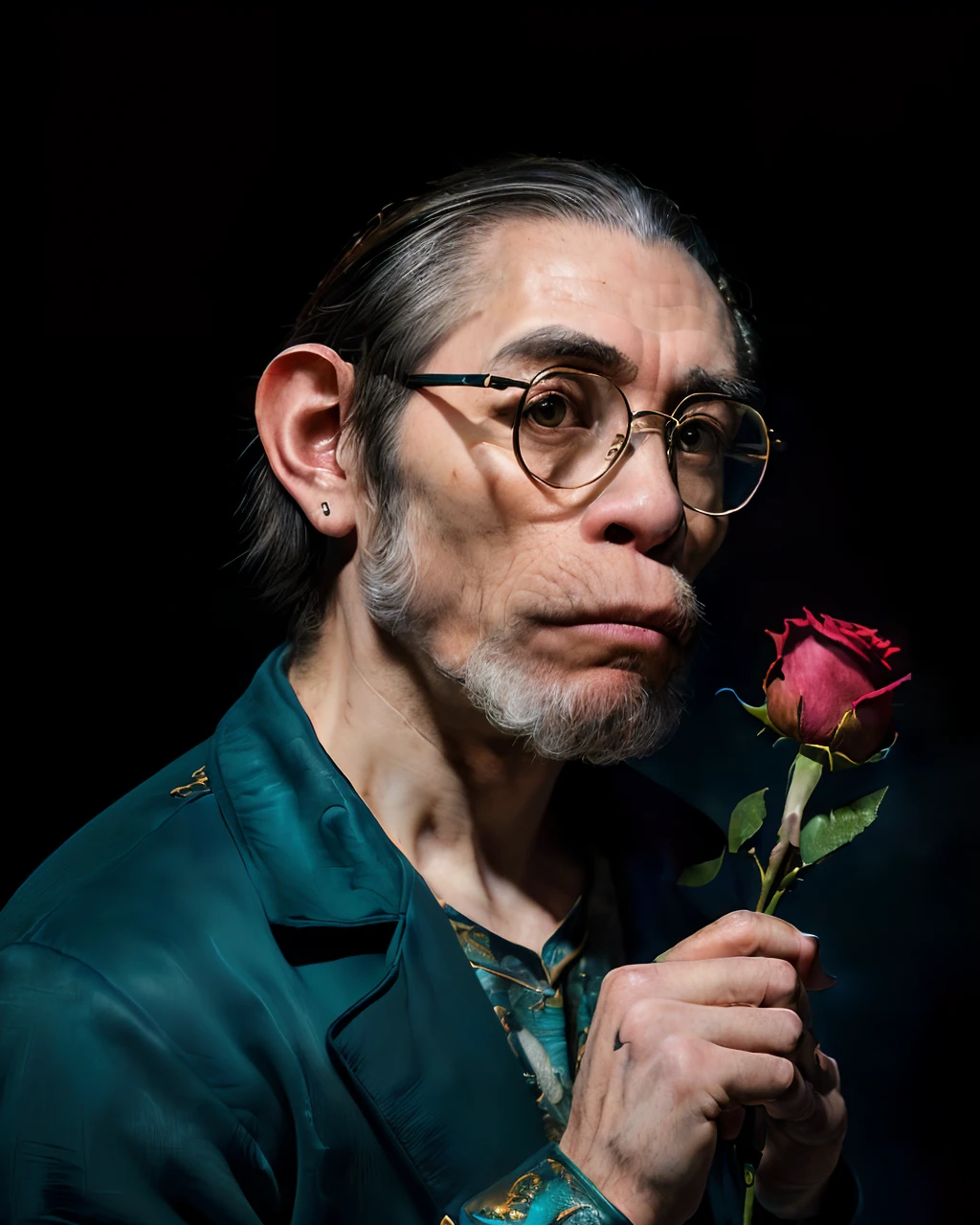 ((best quality)), ((masterpiece)), (detailed), (fantasy art:1.3),A bespectacled hipster young chimpanzee, sad in a dark bar, holding a rose in hand, (rim lighting,:1.4) two-tone lighting, sharp focus, teal tint, highly detailed face, highly detailed skin, (8k:1.2 resolution), dimly lit, low key,