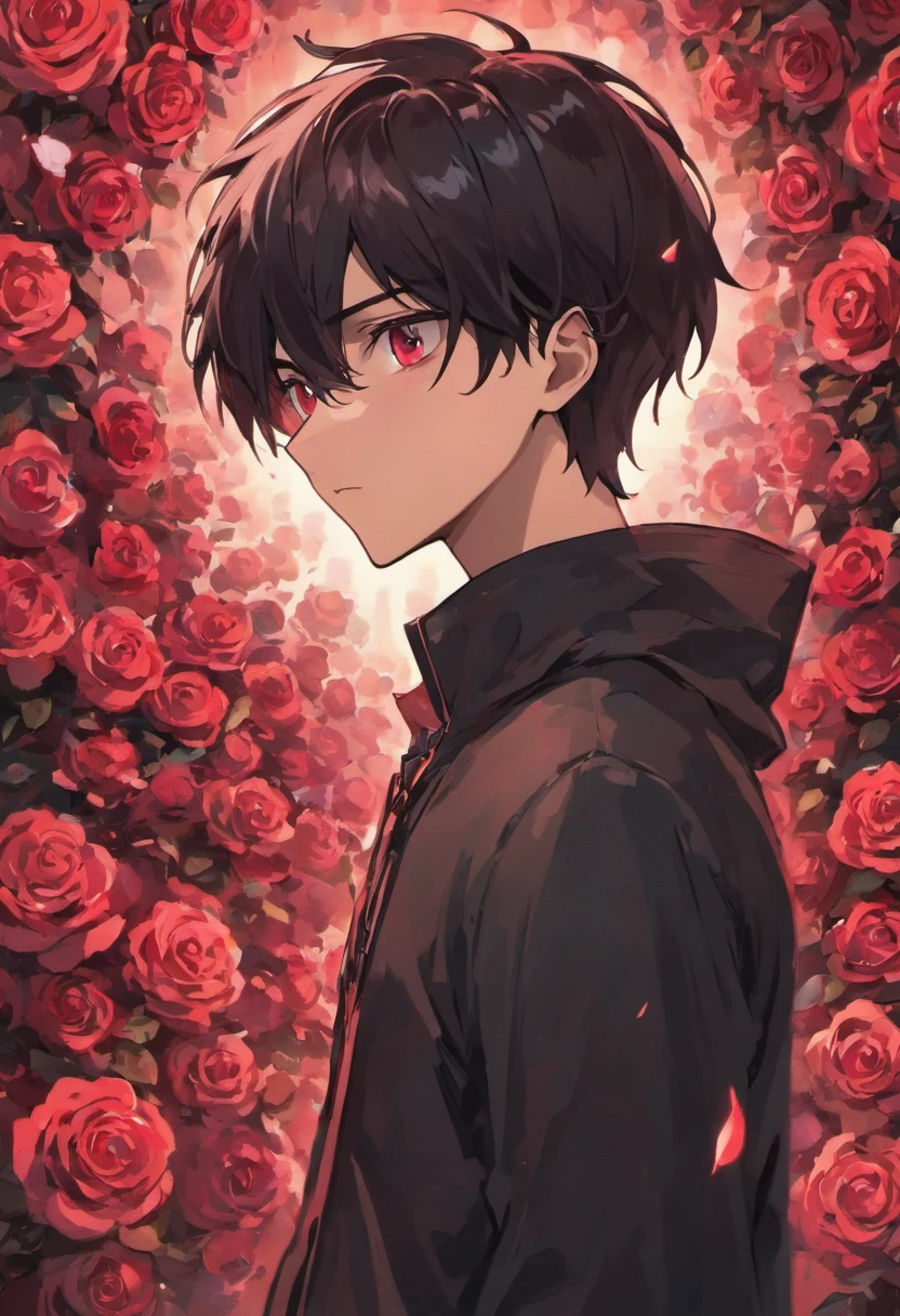 Describe a age Adult male with black hair and crimson rose-like eyes. Who is staring intently