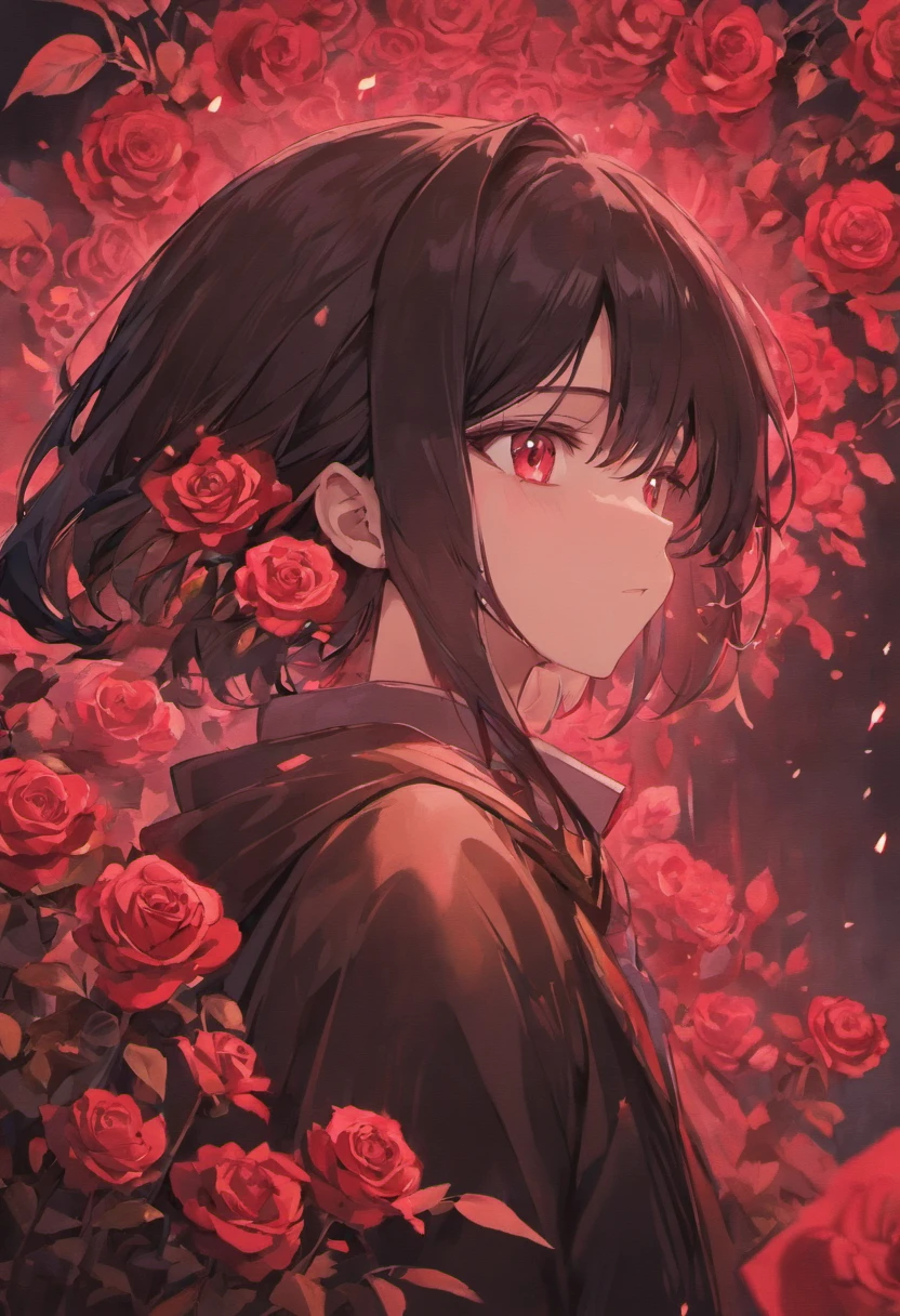 Describe a age Adult male with black hair and crimson rose-like eyes. Who is staring intently
