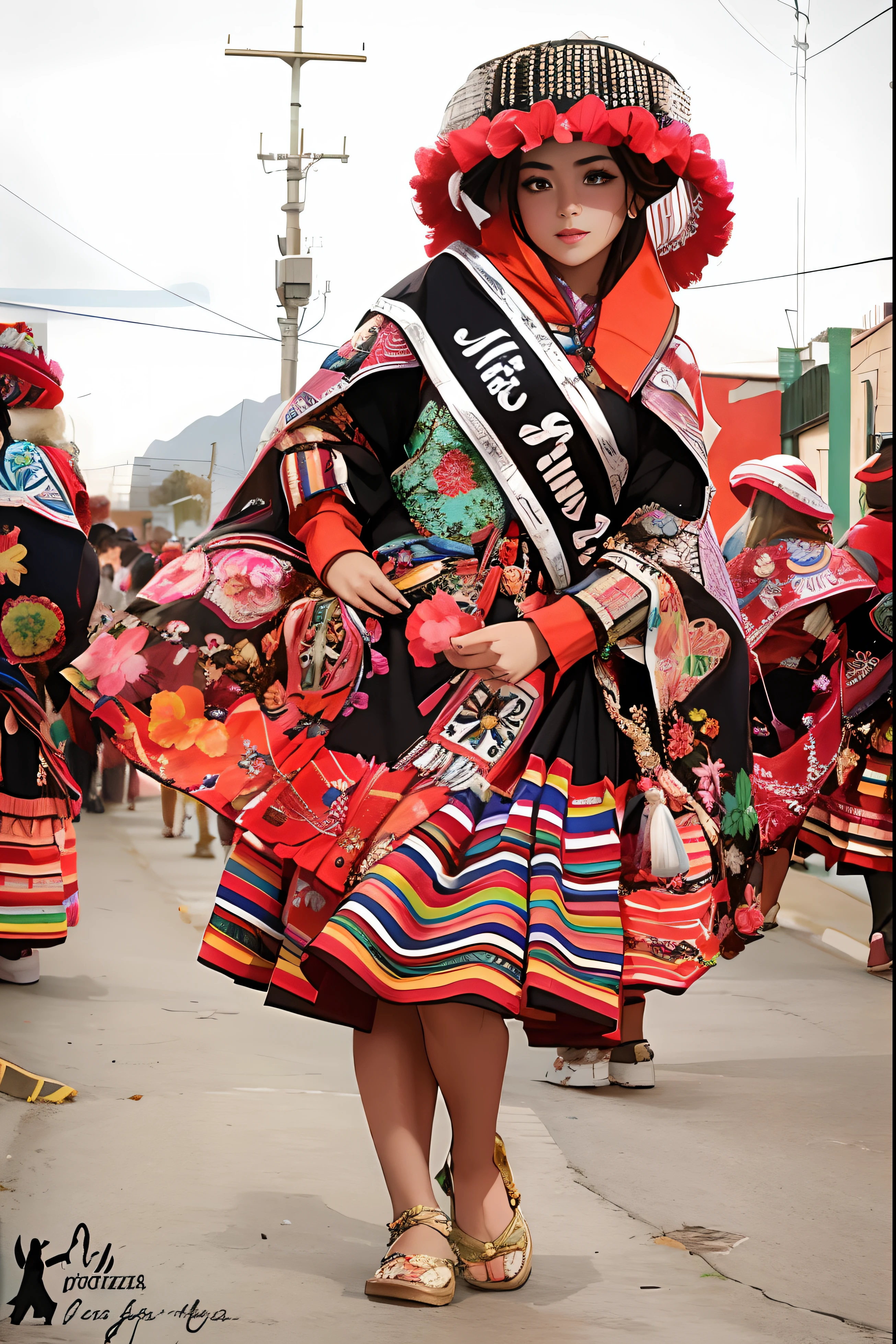 Arafed Mujer con un colorido vestido y sombrero caminando por una calle, Llevar un atuendo adornado, Traje tradicional, Disfraz elaborado, Usar ropa ornamentada, elaboradamente disfrazado, wearing authentic attire, Vestimenta tradicional, profusamente vestido, Vestir atuendos tradicionales, Vestimenta tradicional, Cholitas bolivianas, Ropa tradicional, Usar ropa inka, Estilo Inca, Festival de colores ricos