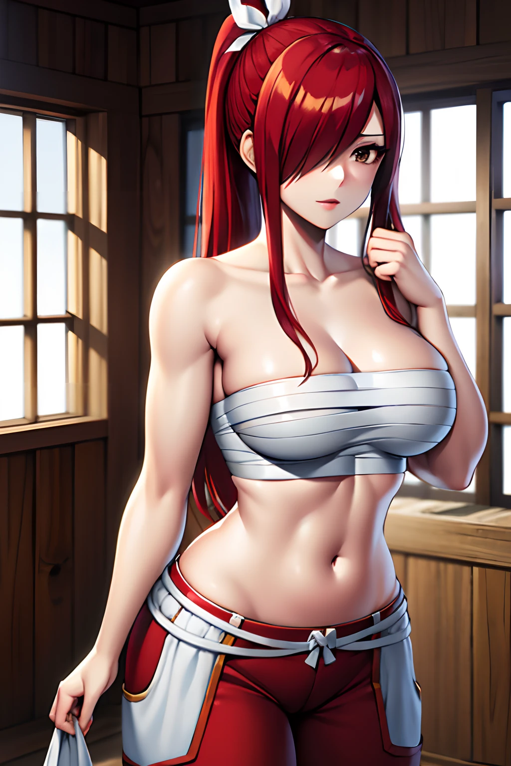 masterpiece, best quality, highres, fairy tail, 1girl, long hair, red hair, ponytail, white ribbon, hair over one eye, brown eyes, large breasts, collarbone, chest sarashi, bandage, bare arms, midriff, red hakama, red pants, cowboy shot, indoors, standing,