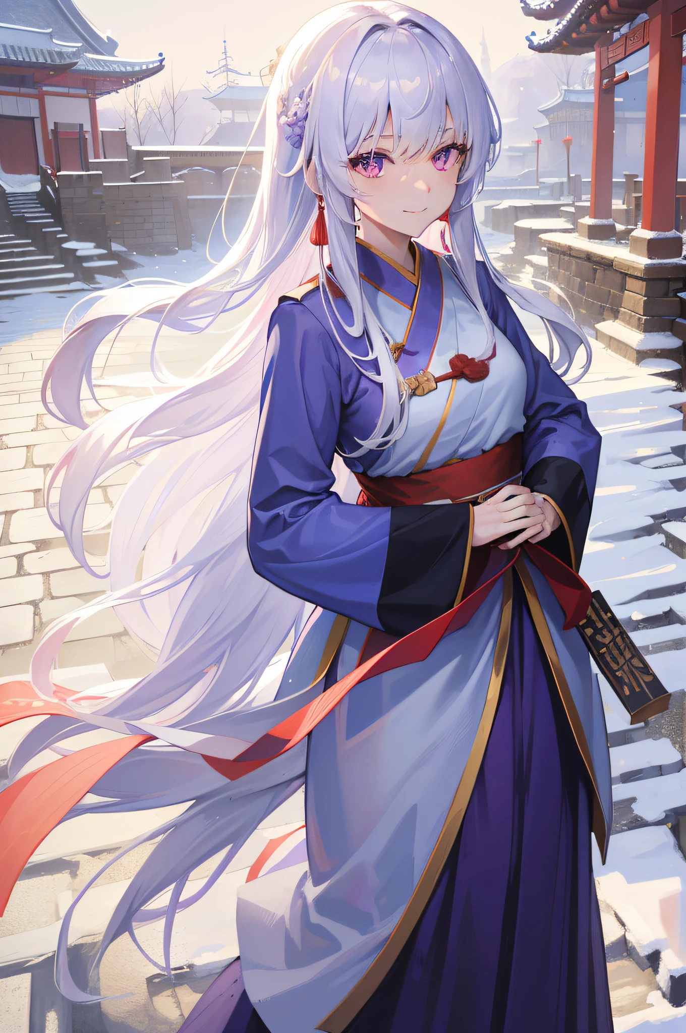 1woman, soldier, medium long white hair, straight hair, bangs, headlocks, red eyes, expressive eyes, smiling expression, wearing blue hanfu with purple markings, (hanfu), snowing, ancient chinese city, portrait, stone paths, noon, absurdres, high res, ultrasharp, 8K, masterpiece, looking at viewer
