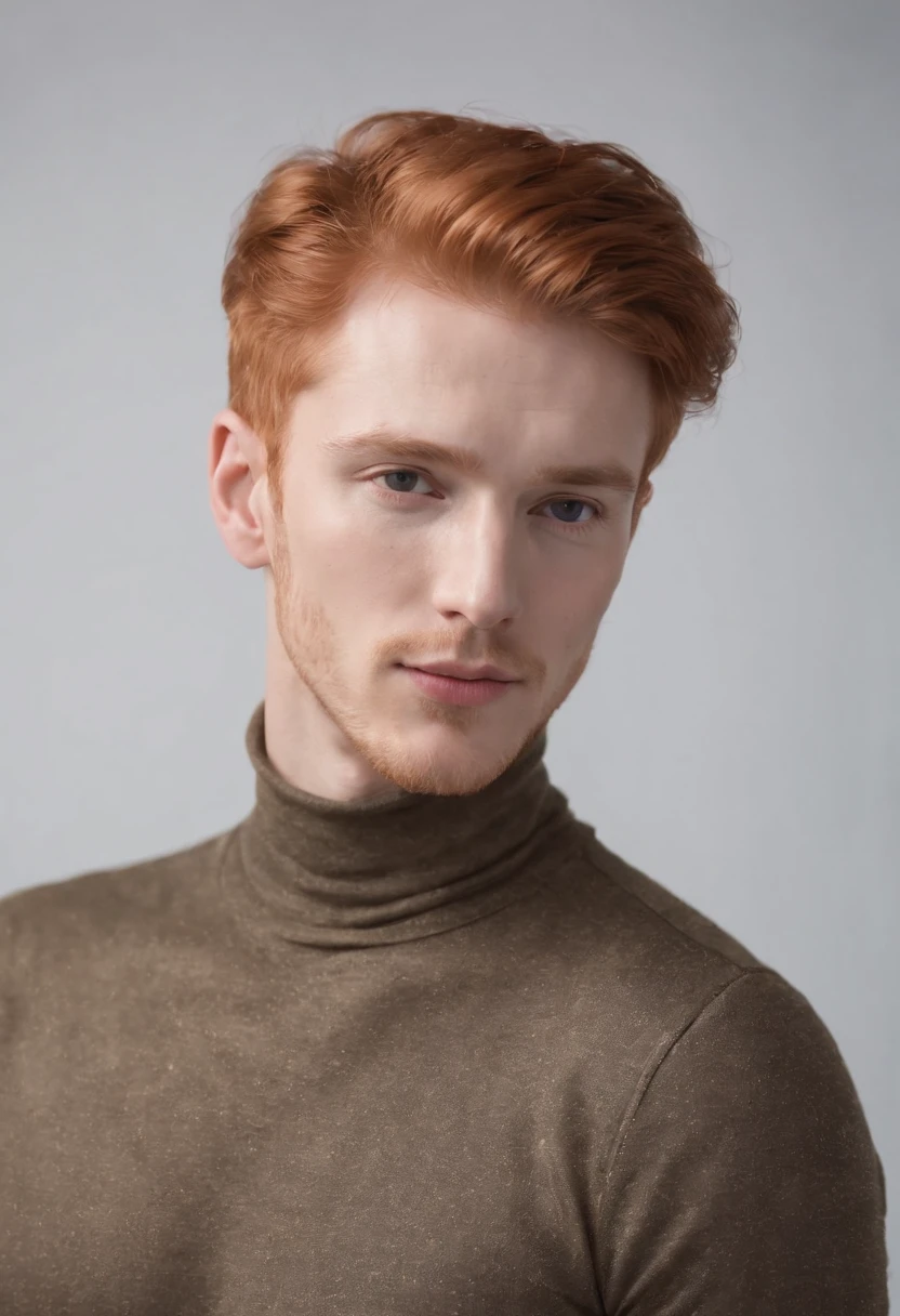 young red-haired man, in turtleneck shirt, gold color, dynamic pose, side view, light background, front lighting, medium shot, high quality photo,upper body