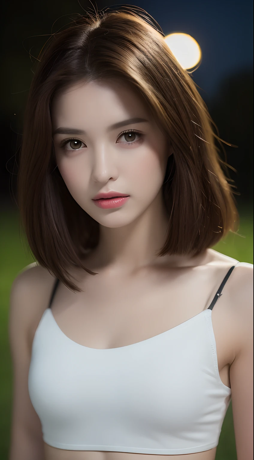 ((Realistic lighting, Best quality, 8K, Masterpiece: 1.3)), Clear focus: 1.2, 1girl, Perfect beauty: 1.4, Slim abs: 1.1, ((Dark brown hair)), (White crop top: 1.4), (Outdoor, Night: 1.1), Park view, Super fine face, Fine eyes, Double eyelids,