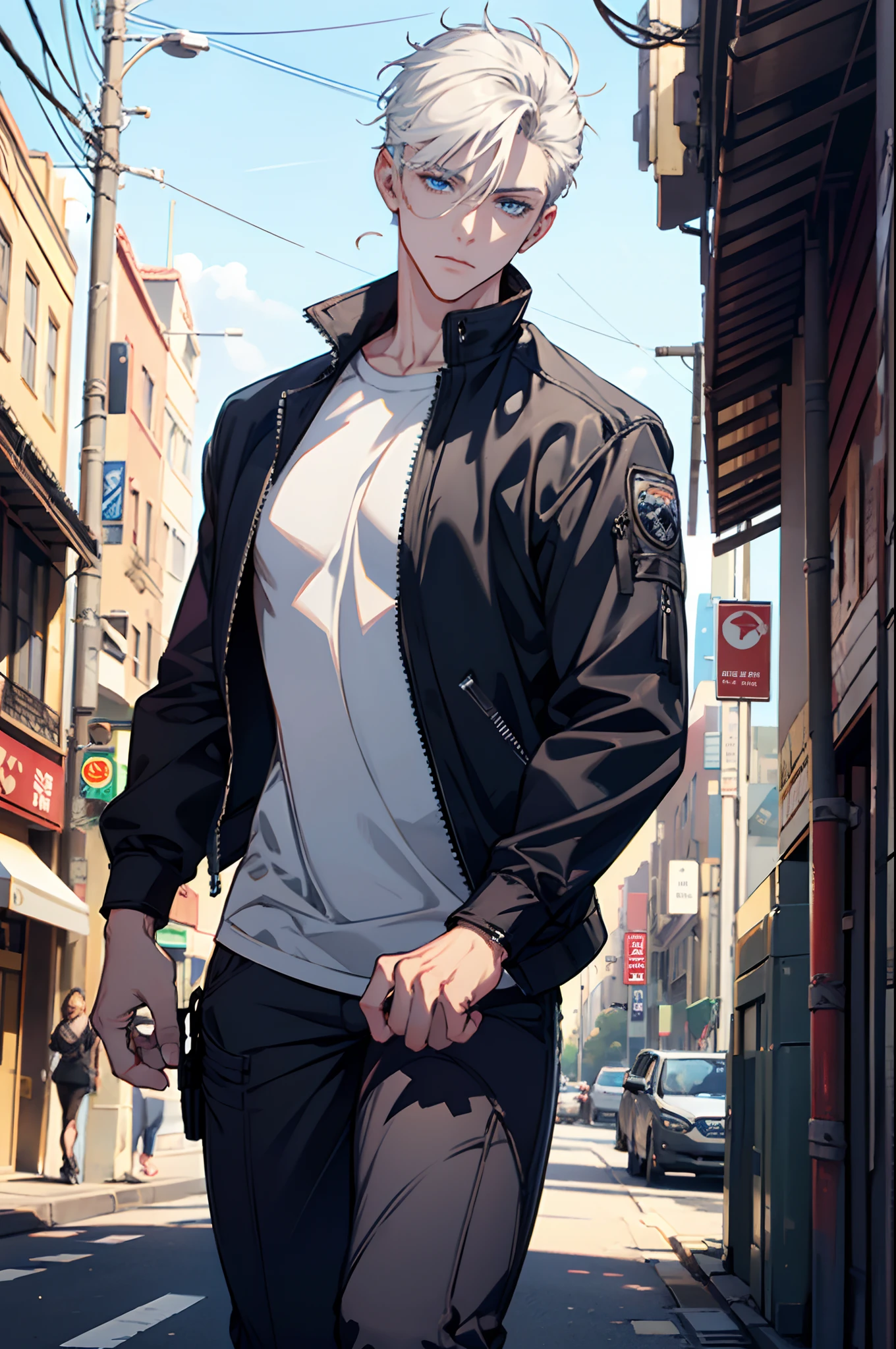 1 male, Beautiful boy, Body Length 180, 30 years old, (white short hair, Street hairstyle) , ((blue eyes)), realistic eyes, beautiful and sharp eyes), Men's Clothing, Biker clothing, muscles, (8k wallpaper), (street background) 8k, Quilty Altitude, Realistic, Beautiful realism, outstanding detail, RAW photo, Realistic clothes, white hair, realistic hair, realistic eyes, Light and cool lighting, realistic photo, Cel shaded, Gel lighting, ultra-detail, ((Street bike riding)), (In the morning)