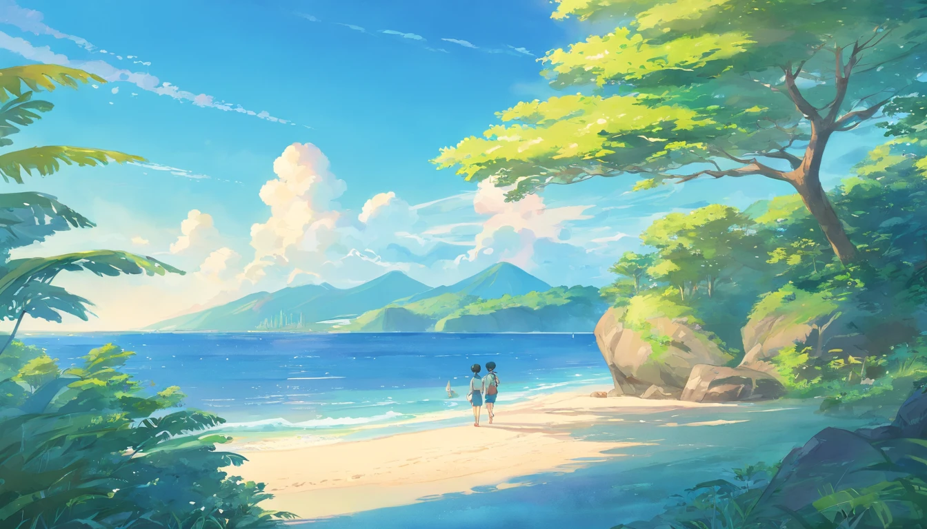 Watercolor illustration style,Four islands,Summer sky,(Masterpiece), (Best quality), (Ultra-detailed),bird's eyes view,There are four islands,The island shapes are not the same