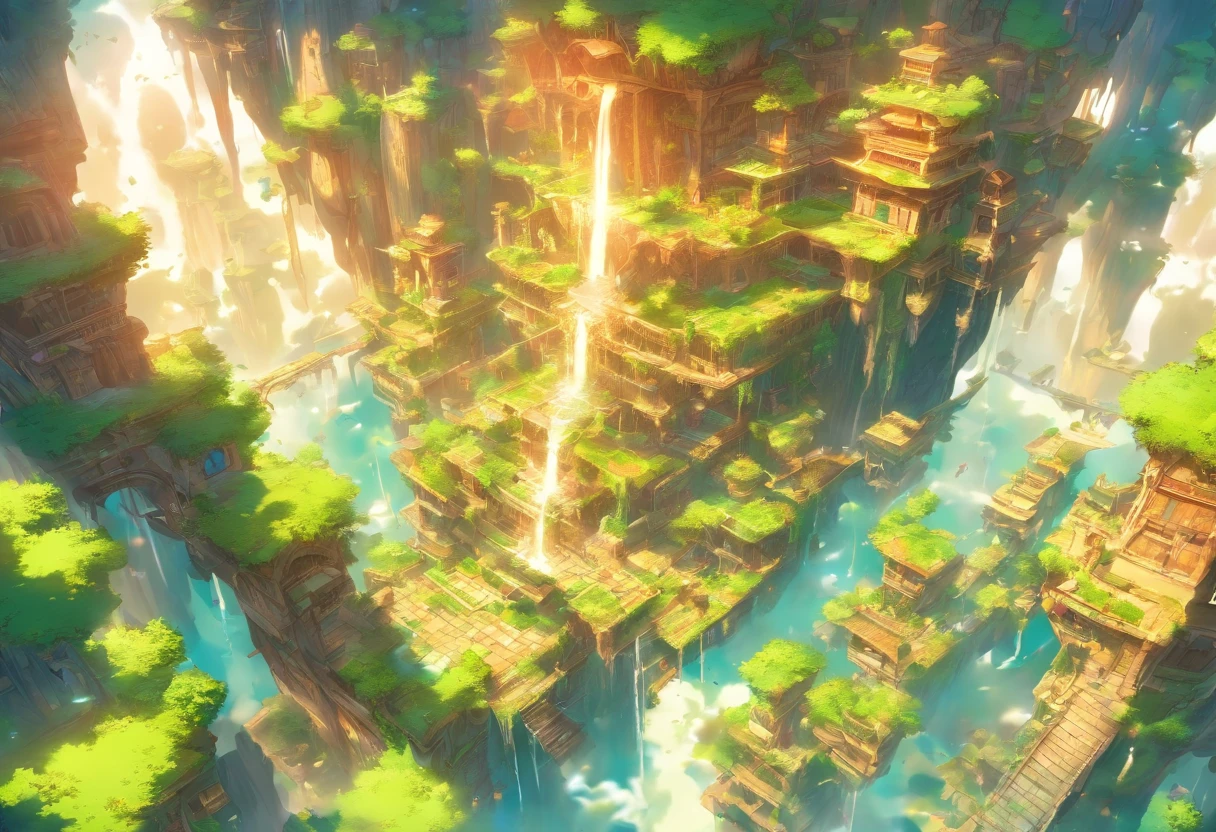 floating island, Decaying ruined cities and land in the sky, where once a prosperous city was formed, but the buildings made of stone and wood have decayed and are dominated by the life force of plants and trees. Artificial fountains, overhead view from a distance, angles from the sky, fantasy worlds,
