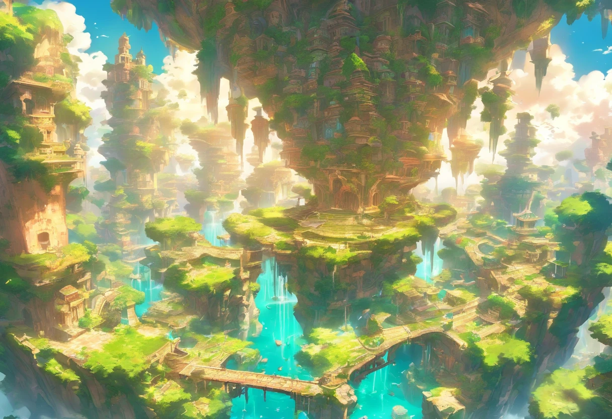 floating island, Decaying ruined cities and land in the sky, where once a prosperous city was formed, but the buildings made of stone and wood have decayed and are dominated by the life force of plants and trees. Artificial fountains, overhead view from a distance, angles from the sky, fantasy worlds,
