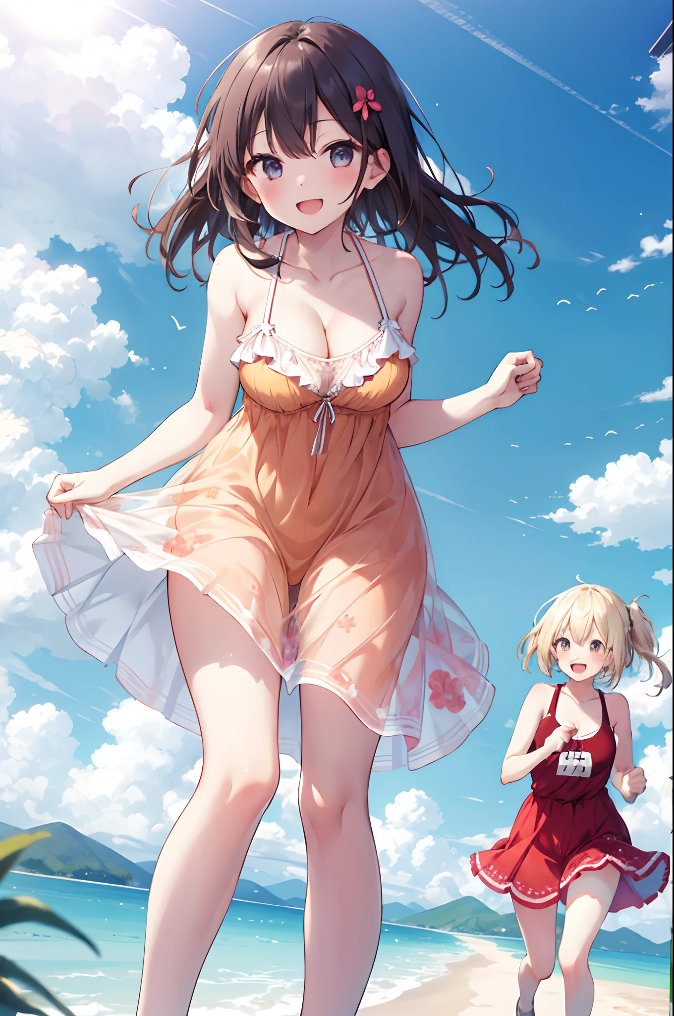 2girls, running each other, sundress, outdoor, summer, joyful smile, one girl running from behind, cleavage