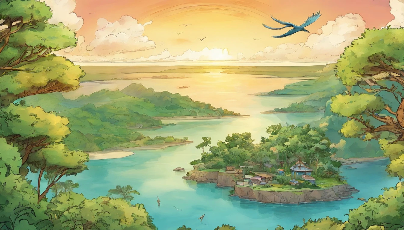 Watercolor illustration style,Four islands,Summer sky,(Masterpiece), (Best quality), (Ultra-detailed),bird's eyes view,There are four islands,The island shapes are not the same