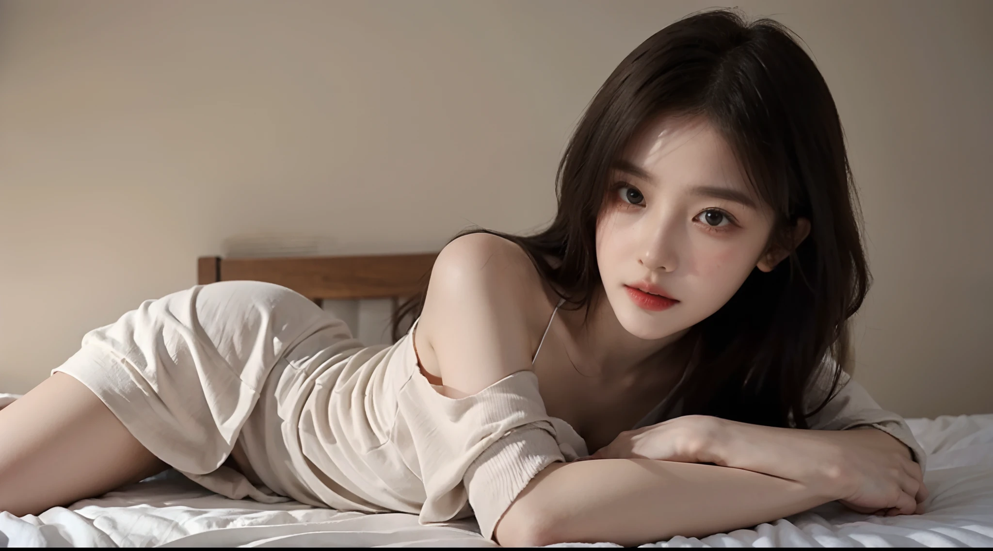 (High-resolution 8K raw photos are realistic,best qualtiy)，Fashion trendy beautiful and charming woman，gentle and charming Chinese beautiful woman，Korea,Kpop idol，delicate and sexy collarbones，charming oval face，二重まぶた，Ingenious[peaches]flower eyes，redish pink lips，small-nose，exposed bare shoulders，focus at face，closeup of face，Hyper-detailing，(The shirt is tight，Fashion blotting，Light shawl small coat，White hip wrapped skirt:1.2)，Light red hair，Background bokeh，cleavage，long leges，(Seven-doppelganger shot，中景 the scene is，Solo：1.4)，Lace，lacing， Fresh and impressive， natural color，(A desert，Gobi，rays of sunshine，outside，stocklings)，Front light，sat on the ground