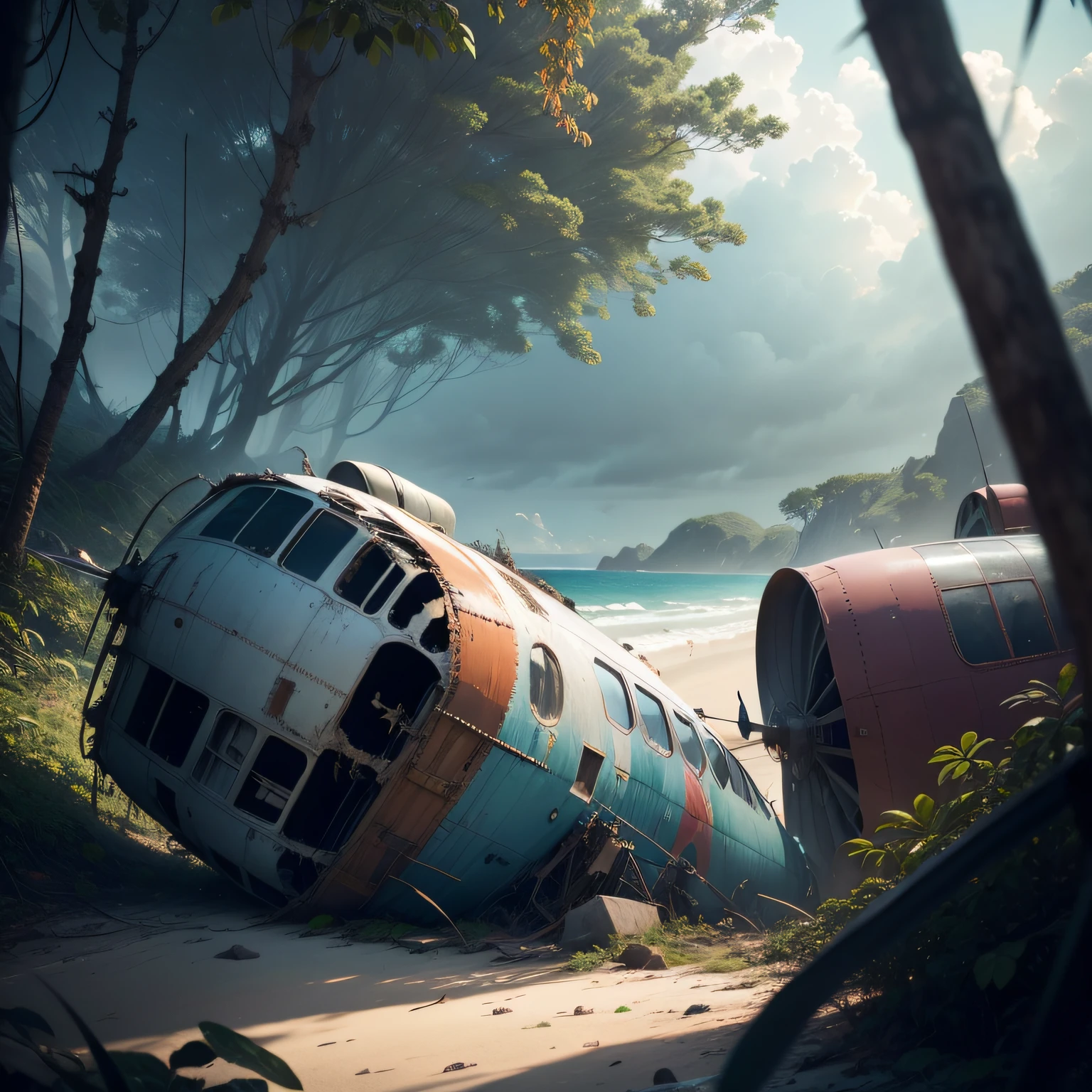 A plane crashed on a beach of a deserted island, and several passengers survived. Will they be able to make it back alive? (best quality,4k,8k,highres,masterpiece:1.2),ultra-detailed,(realistic,photorealistic,photo-realistic:1.37),HDR, UHD, studio lighting, ultra-fine painting, sharp focus, physically-based rendering, extreme detail description, professional, vivid colors, bokeh, portraits, landscape, horror, anime, sci-fi, photography, concept artists, colorful tone, dramatic lighting, abandoned aircraft, dense tropical foliage, crashed wreckage, survivors on the shore, anxious expressions, rugged terrain, sunlight filtering through the trees, windswept hair, emergency supplies scattered, hope and uncertainty, cinematic atmosphere.