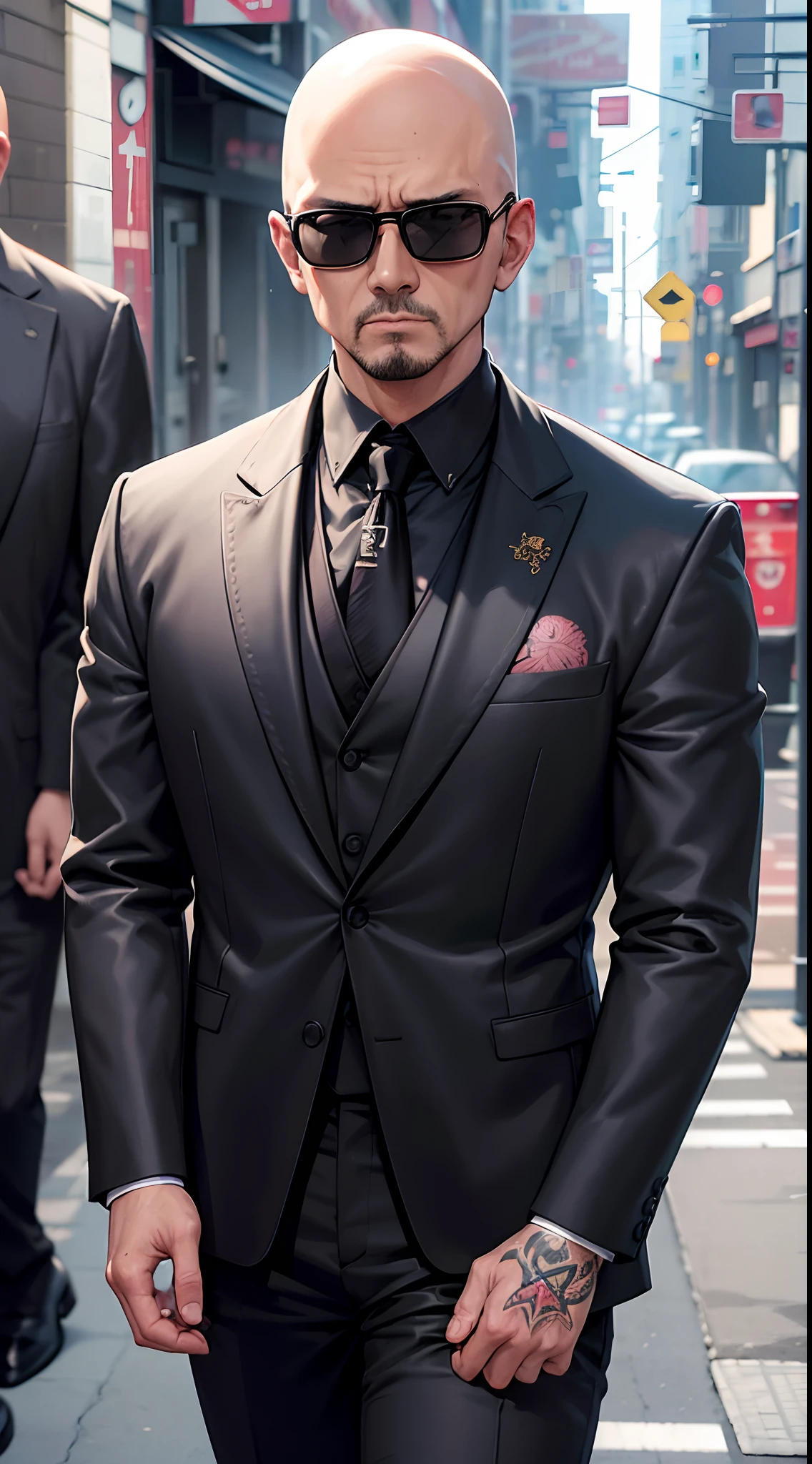 8k, masterpiece, extreme detail, expressive clothing, expressive hair, expressive face, 1male, yakuza, sunglasses, bald, black coat and tie, black pants, formal suit, tattoo hands, expressionless, adult, japanese streets, morning, sunshine, head to torso