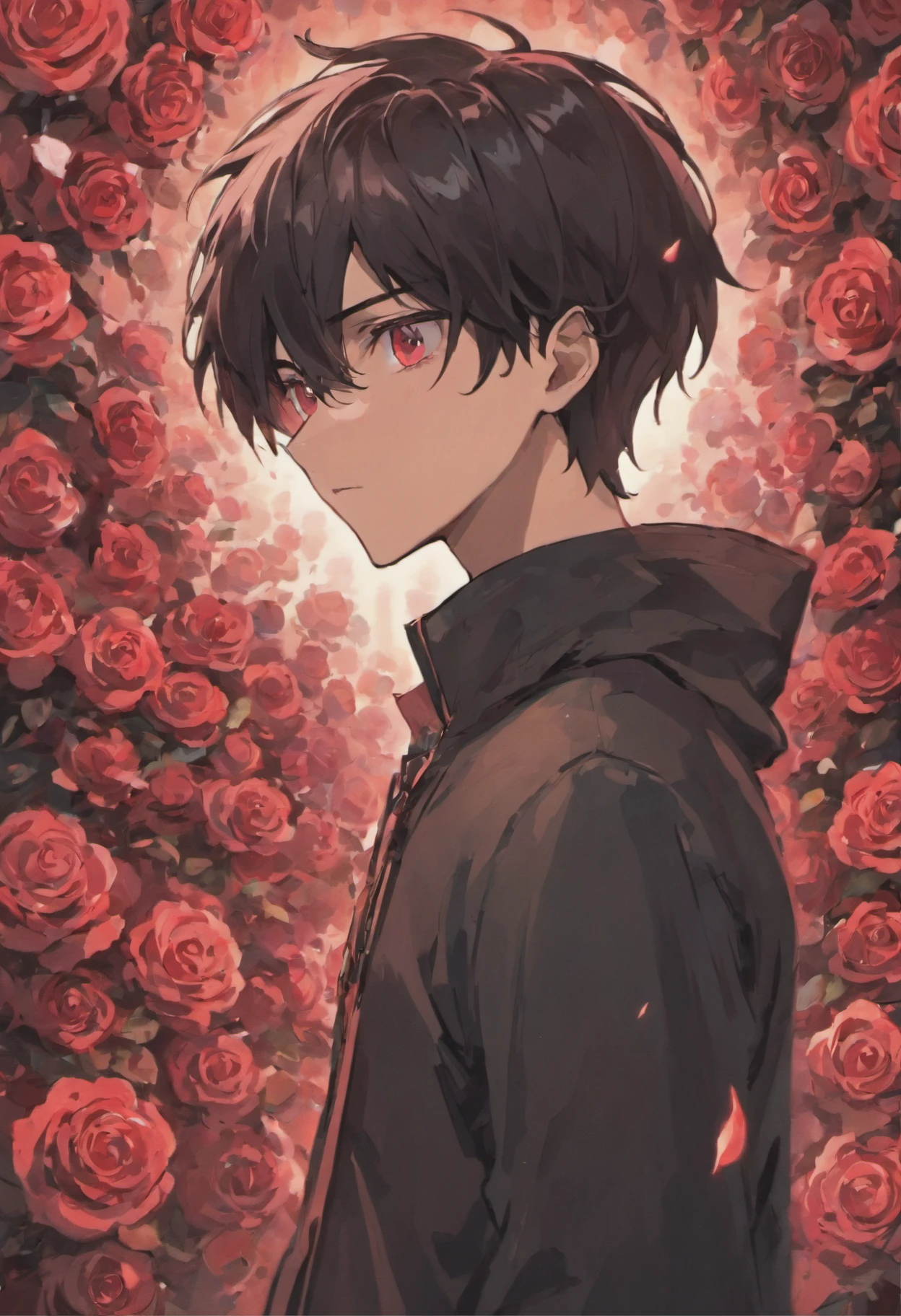 Describe a teenage Adult male with black hair and crimson rose-like eyes. Who is staring intently