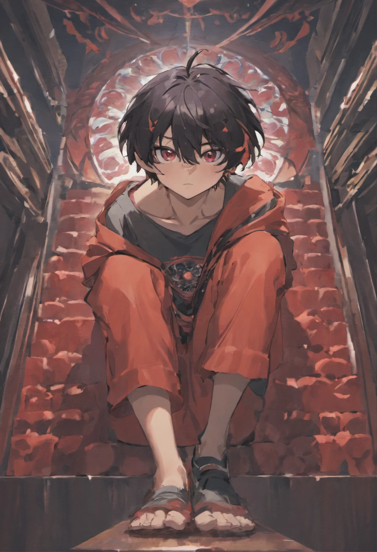 Describe a teenage boy with black hair and crimson rose-like eyes. Who is sitting with his right leg on top of his left leg and his hands holding his head like an antagonist in a fictional story