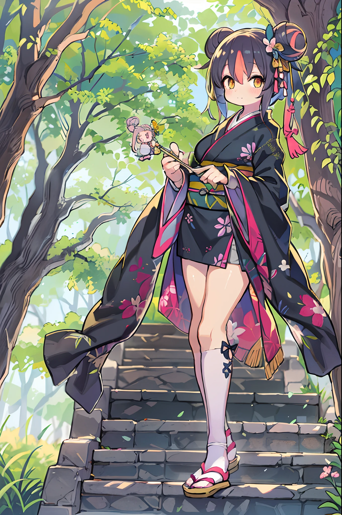 ((masutepiece,Best Quality)),2girls, Black kimono, Black legwear, a black ribbon, Black hair, cherryblossom, day, flower, Hair bun, Hair Ribbon, komono, Kimono, Long hair, Looking at Viewer, Looking back , Multiple girls, a belt, Outdoors, Red Eyes, Red hair, bow ribbon, Sandals, single bun, stairs, Standing, Statue, torii, tree, White kimono, Yellow eyes