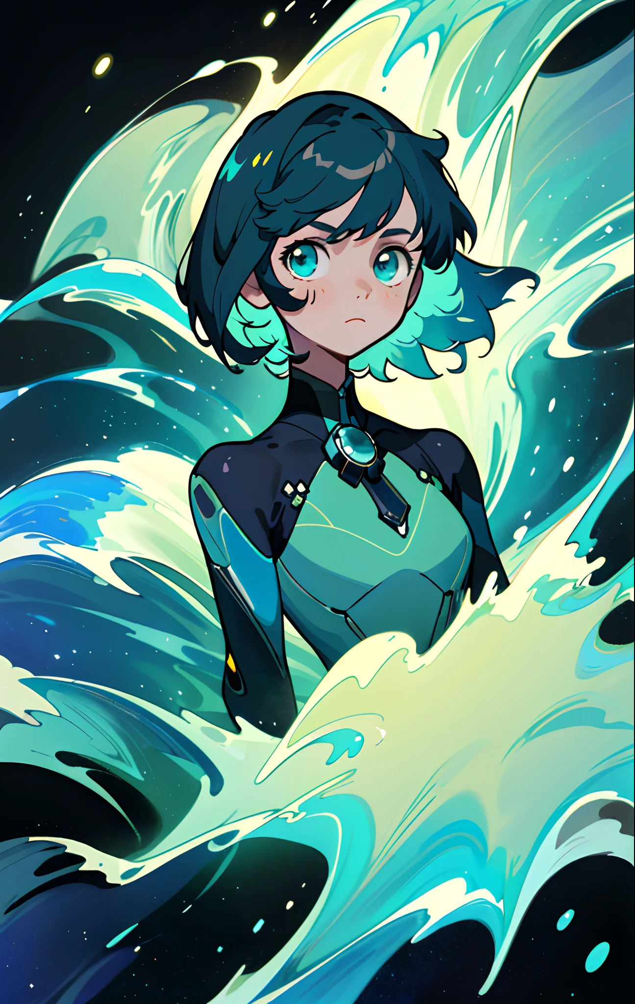 (best quality, masterpiece), 1girl, particle, water currents, upper body, simple dark background, looking at viewer, cyan short hair, galaxy