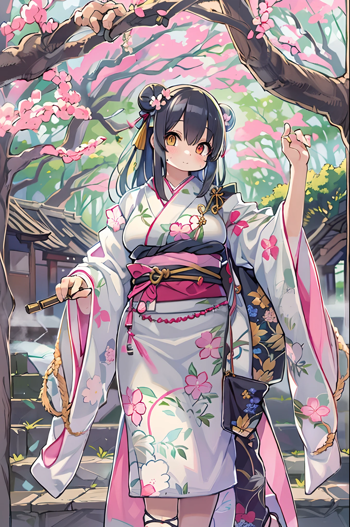 ((masutepiece,Best Quality)),2girls, Black kimono, Black legwear, a black ribbon, Black hair, cherryblossom, day, flower, Hair bun, Hair Ribbon, komono, Kimono, Long hair, Looking at Viewer, Looking back , Multiple girls, a belt, Outdoors, Red Eyes, Red hair, bow ribbon, Sandals, single bun, stairs, Standing, Statue, torii, tree, White kimono, Yellow eyes