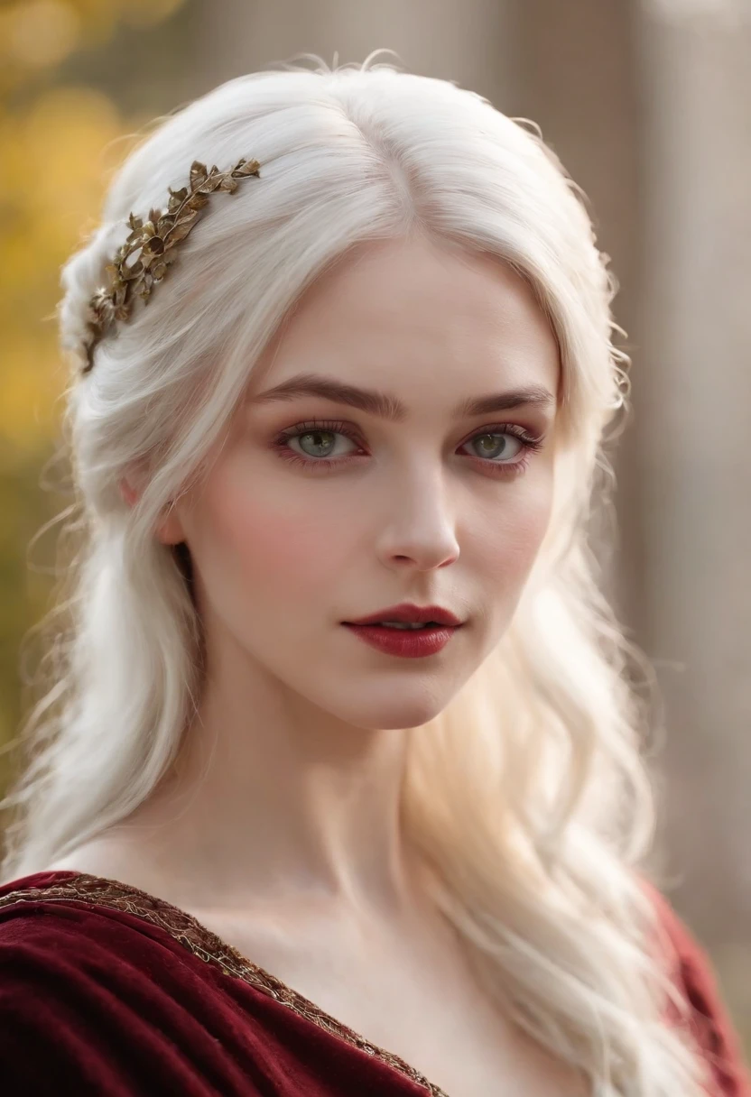 (((a deep reddish wound crosses her left cheek))) fair complexion, woman around 19 years old, natural white hair, distinctive green eyes, wearing kohl, slender and graceful, beautiful, candlelight in a medieval setting, ultra sharp focus, realistic shot, medieval female clothes, tetradic colors (scar:1.4)