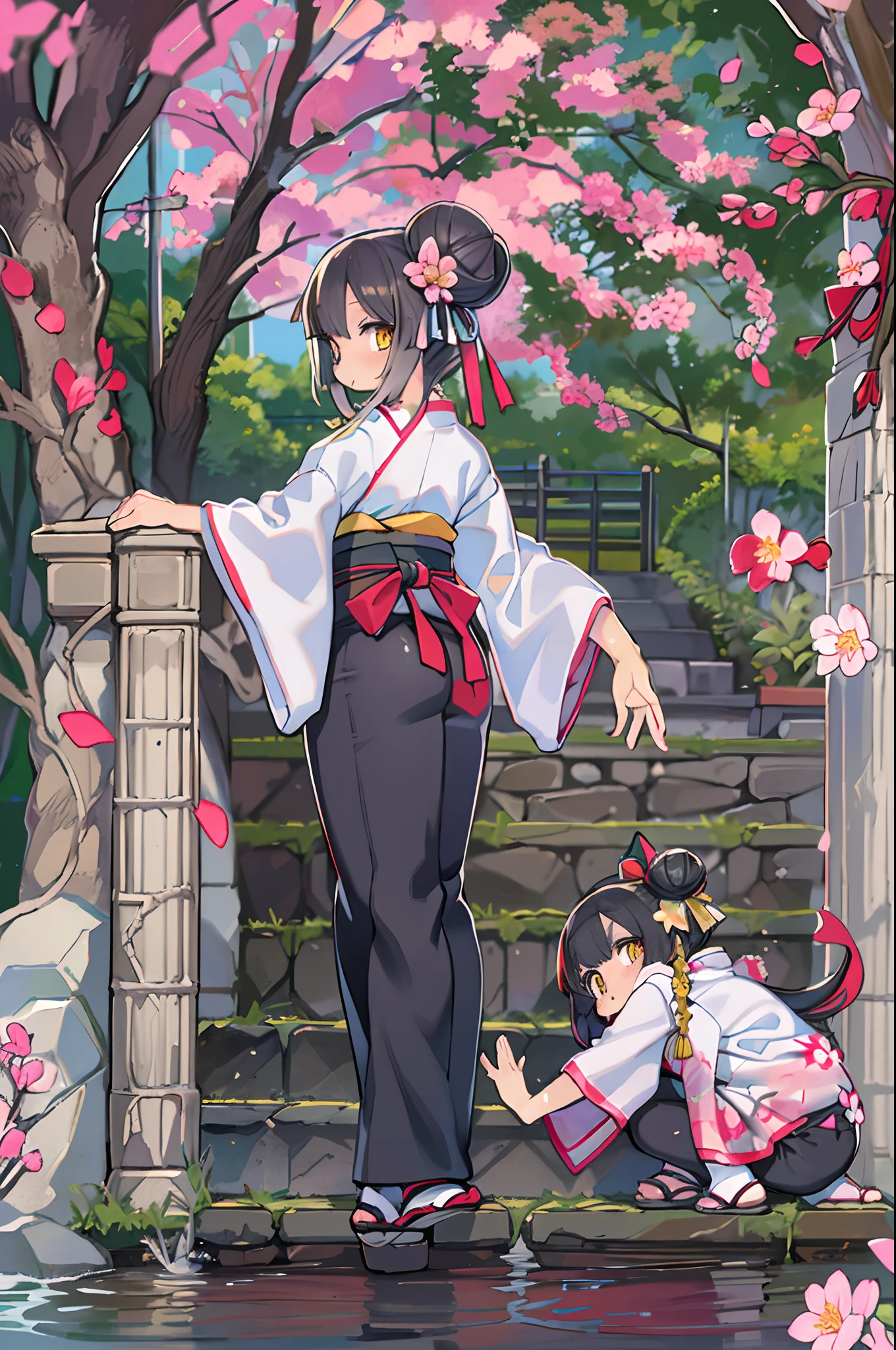 ((masutepiece,Best Quality)),2girls, Black kimono, Black legwear, a black ribbon, Black hair, cherryblossom, day, flower, Hair bun, Hair Ribbon, komono, Kimono, Long hair, Looking at Viewer, Looking back , Multiple girls, a belt, Outdoors, Red Eyes, Red hair, bow ribbon, Sandals, single bun, stairs, Standing, Statue, torii, tree, White kimono, Yellow eyes