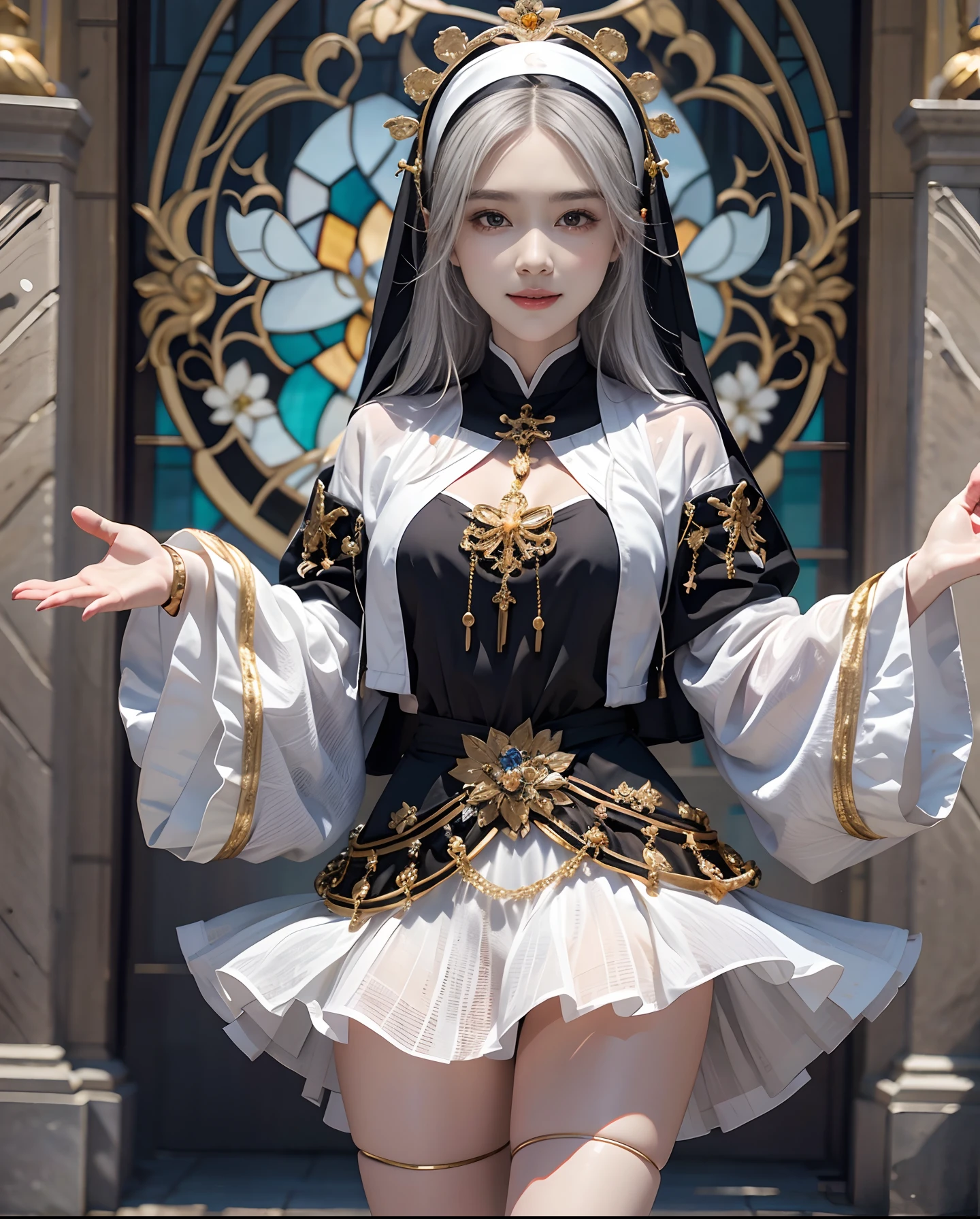 masutepiece、hight resolution、Nun costume、25Old Female、1girl with、Beautiful now、9th class、Look at the viewer、smil、Okappa、The background is a monastery、Glitter background、Beautiful stained glass、the skin is white and transparent、Beautiful nun praying to God、Angel Smile、the skin is white and transparent、legs are thin and beautiful,high-heels、Gold Anklet、Stand and watch us、Shot looking down from a high position、