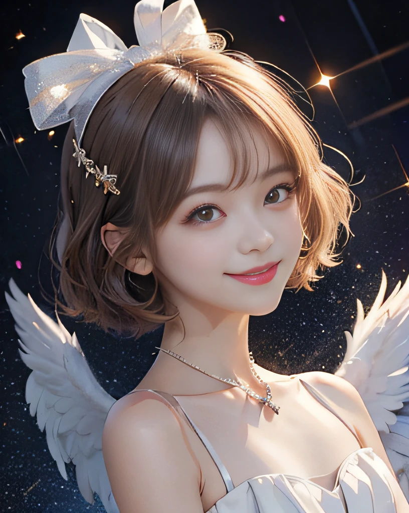 masutepiece、hight resolution、1girl with、Beautiful now、petite figure、Look at the viewer、smil、short-cut、Glitter background、、the skin is white and transparent、Angel smile、Look here and smile、