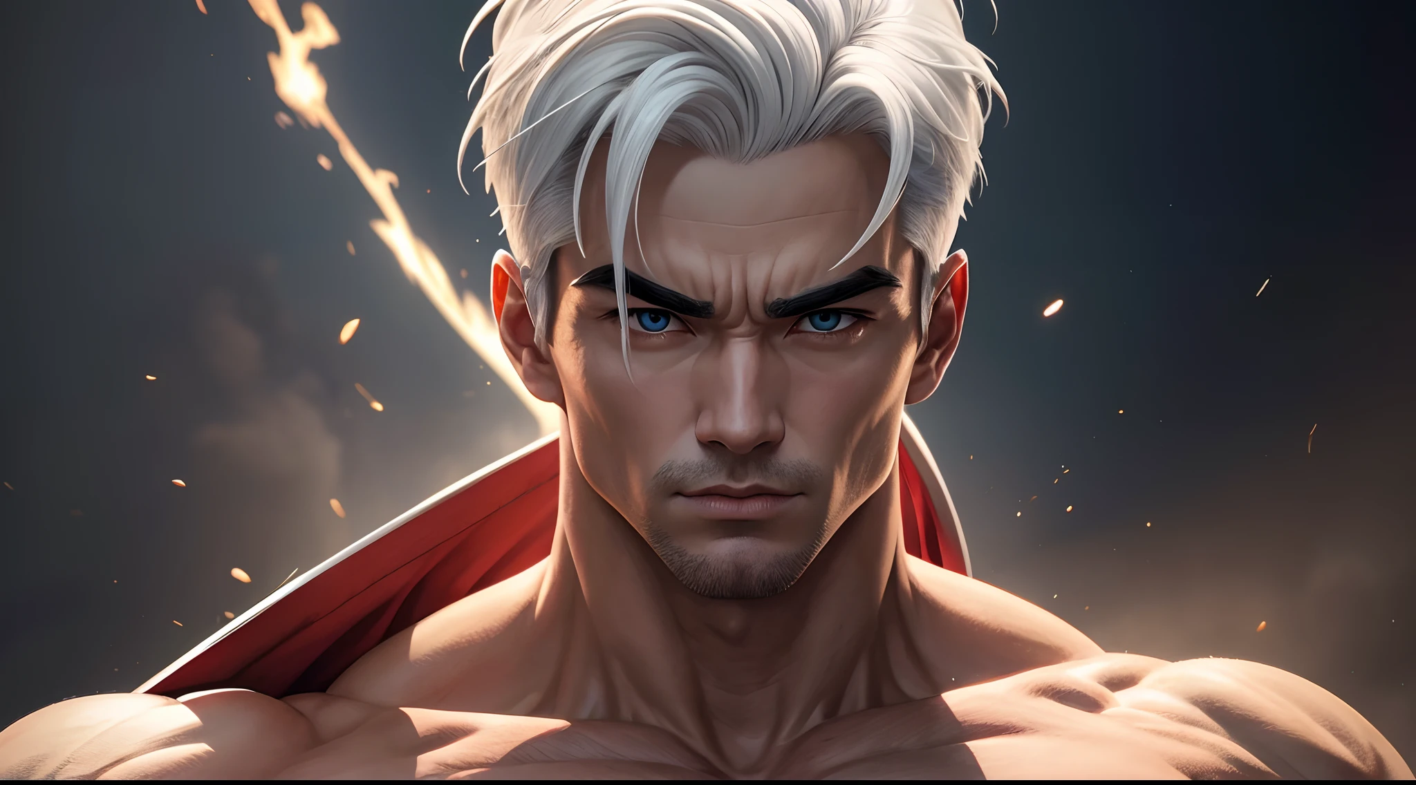"(Upper body portrait 1.2) 20 year old Gohan is a true masterpiece with masculine beauty, perfect anatomy, When looking into his beautiful eyes, with charming, attractive eyes, his gaze turns to viewers you can clearly see seeing every little detail and every perfect line, every little detail on the skin in 8K quality, people are attracted by the confidence that radiates from every look, head He has white hair and his face is drawn in great detail in 8K image quality, the battle in the background, which further increases his confidence.”