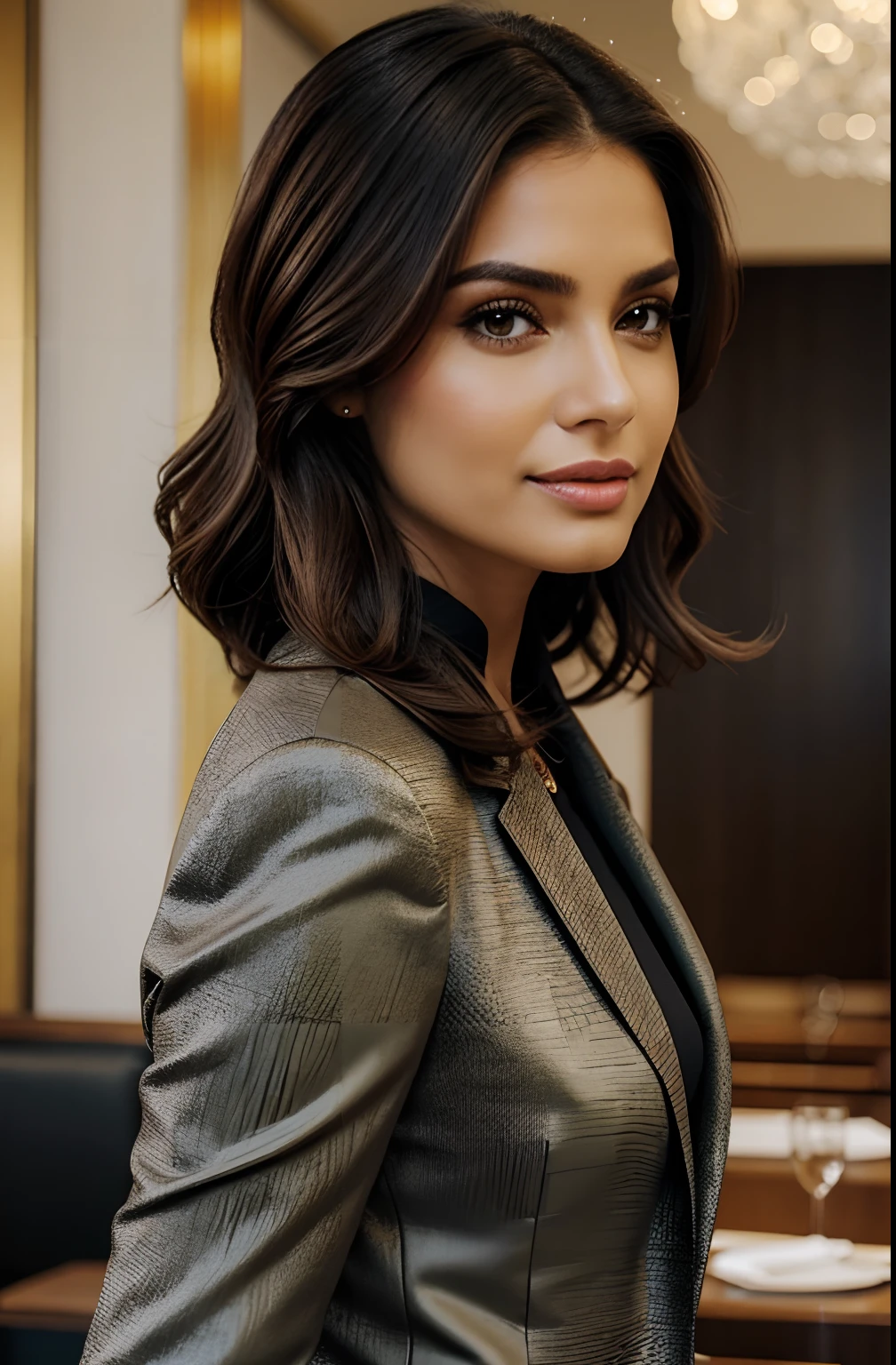 1 mulher adulta, cabelo comprido, cabelo cacheado, cabelo cor preto, pele suave, olhos castanhos, sorrir, vegetation, Occasional, Businesswoman style clothes, blaser marrom claro, realista, com fundo em um restaurante chique, 8k super realista, super detalhado e realista