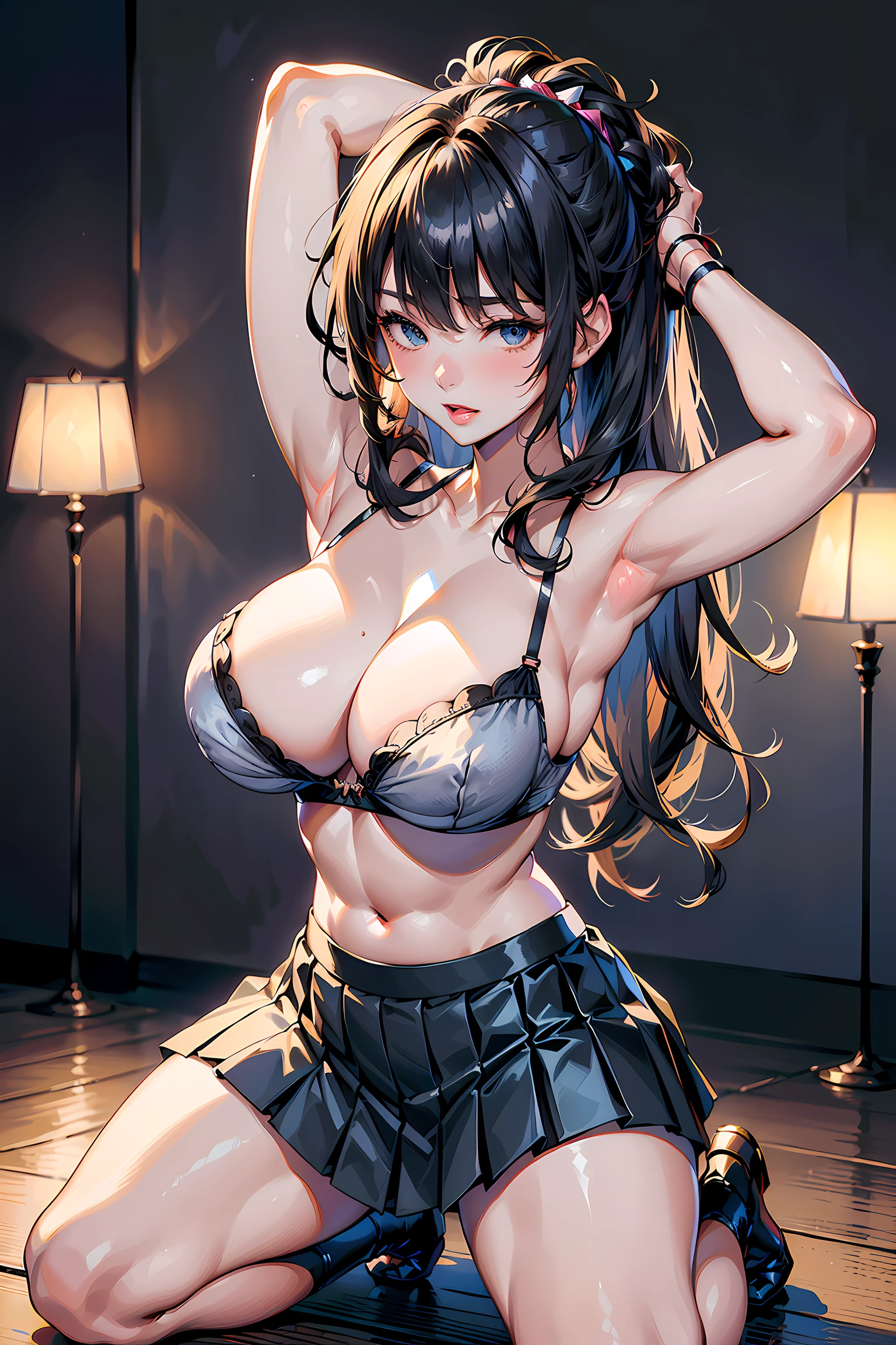 (((1girl:1.3, solo))), A extremely close up face image of extremely pretty and beautiful Japanese woman, (((Symmetry:1.5, centered image:1.5))), (1 with an emphasized enchanting cleavage: Composition of 1), (extremely close up face image:1.5), (sexy model), professional attire, (22 years old: 1.1), (from below:1.3, low angle:1.3), (kneeling:1.5), ((girl on top:1.5)), ((arms up:1.3)), (arms behind back on head:1.3), (attractive random posing:1.3), break, (shiny-black thin hair:1.2), (wavy messy hair:1.3), (curly inside:1.3), (short bob hair:1.3), bangs, wind, floating hair, dark brown eyes, beautiful eyes, princess eyes, bangs, Hair between eyes, short hair:1.3, curby, abs, perfect abs, (gigantic-breasts:1.5, sagging breasts:1.5, disproportionate breasts:1.5), (thin waist: 1.15, abs:0.95), (detailed beautiful girl: 1.4), Parted lips, Red lips, full-make-up face, (shiny skin), ((Perfect Female Body)), (Upper Body Image:1.3), Perfect Anatomy, Perfect Proportions, (most beautiful Korean actress face:1.3, extremely cute and beautiful Japanese actress face:1.3, seductive light smile, happy, BREAK, (bare shoulder, Chest squeezed together, View viewer, (front-hock luxury satin bra:1.3), (loose-pleats-skirt:1.3), detailed clothes, BREAK, (simple dark-grey background:1.2), (dark background), (Studio soft lighting: 1.3), (fake lights: 1.3), (backlight: 1.3), BREAK, (Realistic, Photorealistic: 1.37), (Masterpiece, Best Quality: 1.2), (Ultra High Resolution: 1.2), (RAW Photo: 1.2), (Sharp Focus: 1.3), (Face Focus: 1.2), (Ultra Detailed CG Unified 8k Wallpaper: 1.2), (Beautiful Skin: 1.2), (pale Skin: 1.3), (Hyper Sharp Focus: 1.5), (Ultra Sharp Focus: 1.5), (Beautiful pretty face: 1.3), (super detailed background, detail background: 1.3), Ultra Realistic Photo, Hyper Sharp Image, Hyper Detail Image,