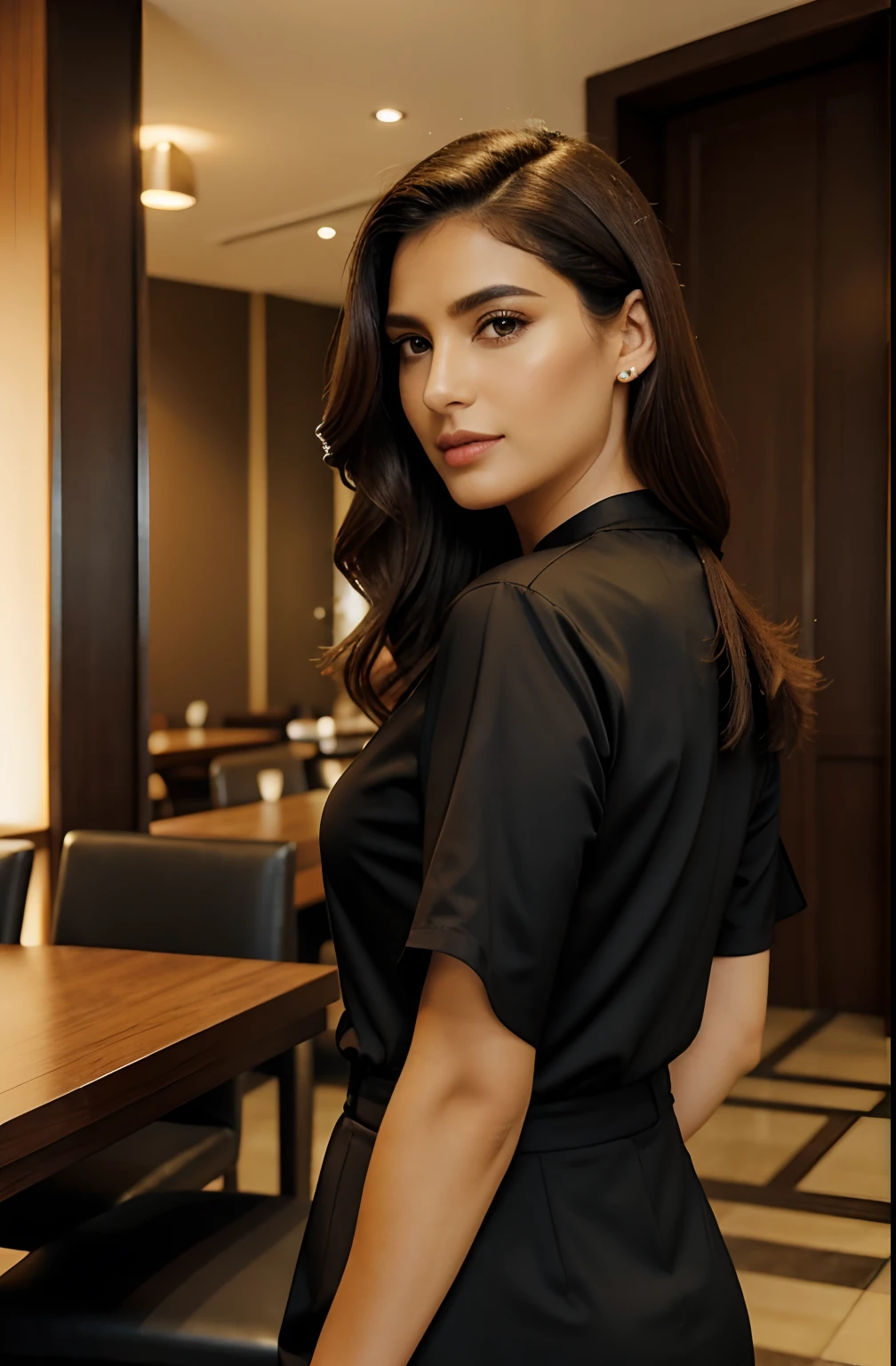 1 mulher adulta, cabelo comprido, cabelo cacheado, cabelo cor preto, pele suave, olhos castanhos, sorrir, vegetation, Occasional, Businesswoman style clothes, blaser marrom claro, realista, com fundo em um restaurante chique, 8k super realista, super detalhado e realista