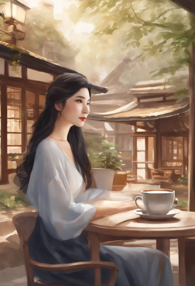 Purpose or theme: Create an avatar for Zoom

Detailed Instructions:
Japan woman with black hair during a web conference、Sitting in a corner of a book café、Spreading out laptop with coffee in hand。The background should be transparent。Image size is 16:Please 9。

Style and tone:
For live-action watercolors、Incorporate anime-like elements。

References and images:
soha