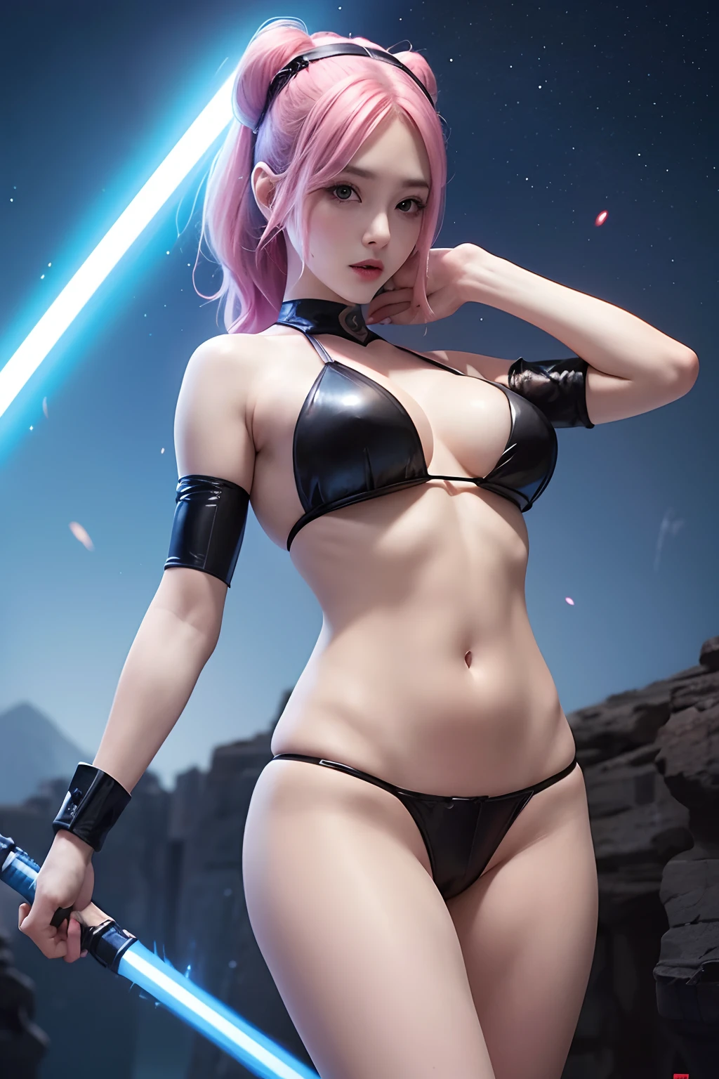 araffe star wars sexy woman with lightsabed sword in a bikini, amouranth, skywalker, better known as amouranth, female jedi, with lightsaber sword, amouranth as a super villain, holding lightsaber 4 k, with light-saber, star wars character, holding a lightsabre. splash art, rey, korean girl, beautiful young korean woman, korean woman, heonhwa choe , big breast, show breast, light pink hair