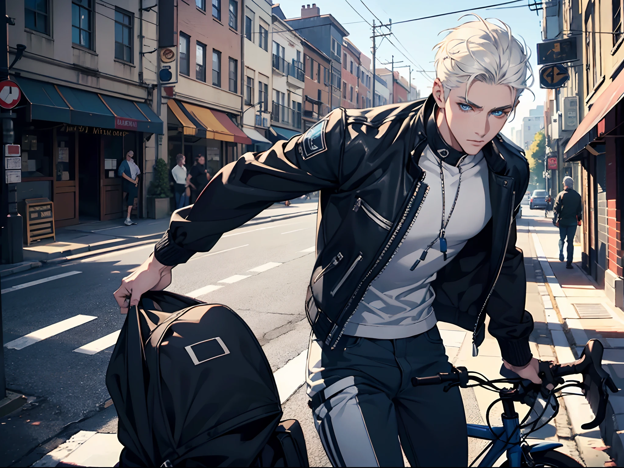 1 male, Beautiful boy, Body Length 180, 30 years old, (white short hair, Street hairstyle) , ((blue eyes)), realistic eyes, beautiful and sharp eyes), Men's Clothing, Biker clothing, muscles, (8k wallpaper), (street background) 8k, Quilty Altitude, Realistic, Beautiful realism, outstanding detail, RAW photo, Realistic clothes, white hair, realistic hair, realistic eyes, Light and cool lighting, realistic photo, Cel shaded, Gel lighting, ultra-detail, ((Street bike riding)), (In the morning)