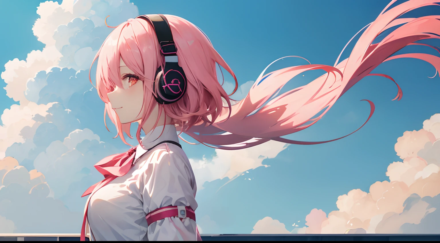 High quality, Very detailed, Clear Image, Profile anime girl, Have short pink hair, Hair in the wind, Golden Eyes, Smiling,Wearing neat and clean clothes、 close to the body, Blue sky, With moving clouds、Wearing headphones、eyes large、eyes gentle、Shortcut Hair