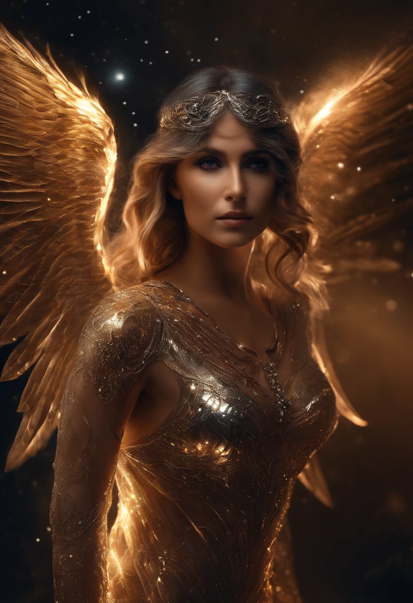cosmic fallen angel, olhos claros brilhantes, Biomechanicals, estranho, assustador, Pesadelo, cores muito brilhantes, light particles, com luz brilhante, Mshiff, Arte do papel de parede, Papel de parede UHD