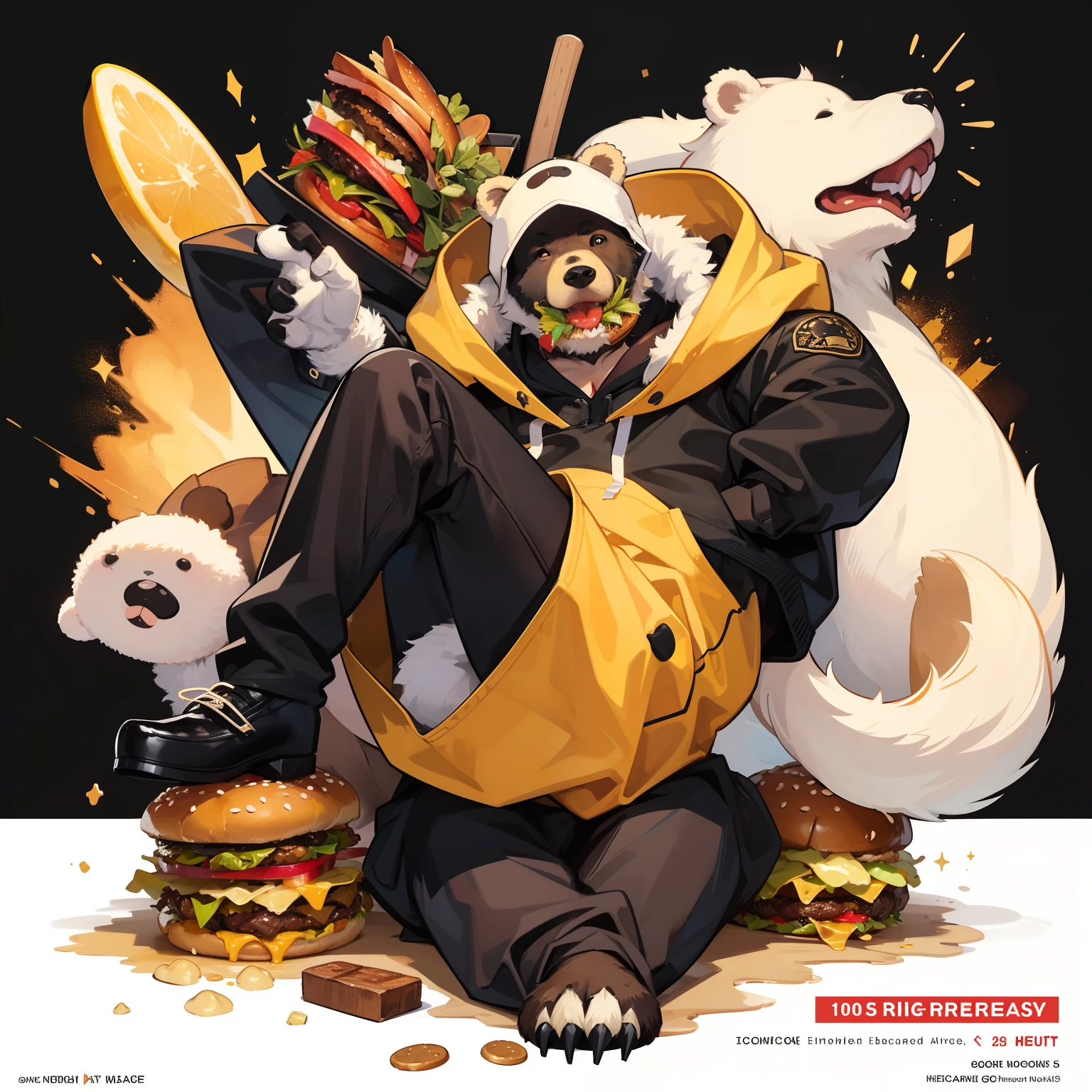 (Mouthpiece, top quality, illustration, very high quality, very fine writing),Full body, bear face, bear ears, bear hands, bear man eating hamburger, full body covered in hair, wearing gold cap, wearing hoodie, lively, no background, one person