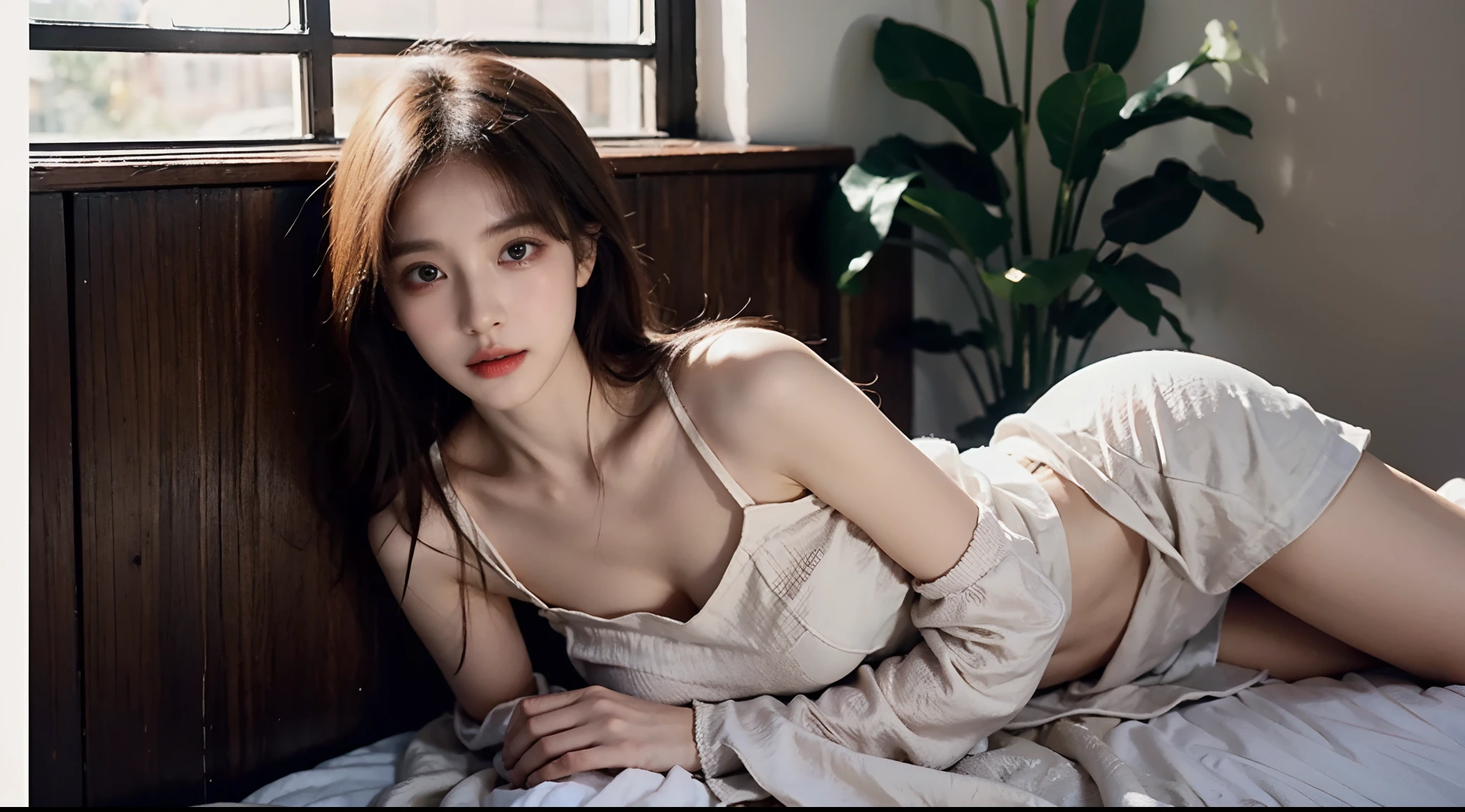 (High-resolution 8K raw photos are realistic,best qualtiy)，Fashion trendy beautiful and charming woman，gentle and charming Chinese beautiful woman，Korea,Kpop idol，delicate and sexy collarbones，charming oval face，二重まぶた，Ingenious[peaches]flower eyes，redish pink lips，small-nose，exposed bare shoulders，focus at face，closeup of face，Hyper-detailing，(The shirt is tight，Fashion blot，Light shawl small coat，White hip wrapped skirt:1.2)，Light red hair，Background bokeh，cleavage，long leges，(Seven-doppelganger shot，中景 the scene is，Solo：1.4)，Lace，lacing， Fresh and impressive， natural color，(A desert，Gobi，rays of sunshine，outside，stocklings)，Front light，sat on the ground