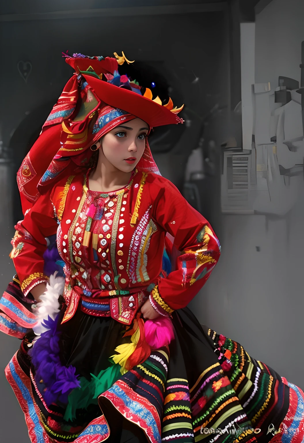 Arafed mujer con un vestido colorido y sombrero posando para una foto, Traje tradicional, authentic costume, Toma de retrato, Imagen detallada, Folclore mexicano, Ropa tradicional, folkloric, Llevar un atuendo adornado, Intricate costume design, Disfraz elaborado, Traje nacional ucraniano, Estilo Inca, Traje ruso, Vestimenta tradicional, exotic costumes, Hermoso disfraz, Vestimenta tradicional