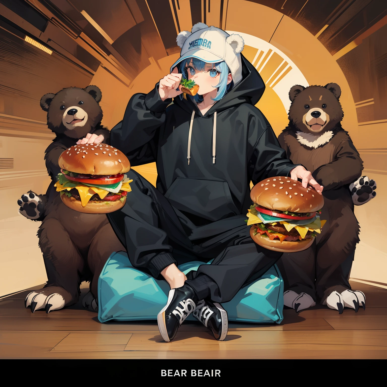 (Mouthpiece, top quality, illustration, very high quality, very fine writing),Full body, bear face, bear ears, bear hands, bear man eating hamburger, full body covered in hair, wearing gold cap, wearing hoodie, lively, no background, one person