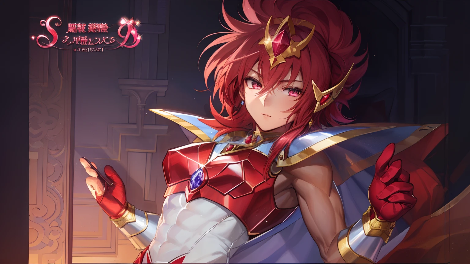 Close-up of man in dress costume holding sword, Knight of Zodiac Boy, Portrait Knight of Zodiac Boy, Boy with short red hair, Boy with brown eyes, Muscular men, masculine and muscular, Shining ruby armor, Enchanting Prince Night, Dressed in light armor, Dress Armor Boy, Shiny ruby armor, Galactic Prince, Crystal Ruby Armor, Hymns to the King as a Prince, High quality anime art style, smooth anime cg art, Prince Knight, digital manga art, Magical Boy Anime Mahou Shōnen, Prince of Ruby, Ruby reflective armor