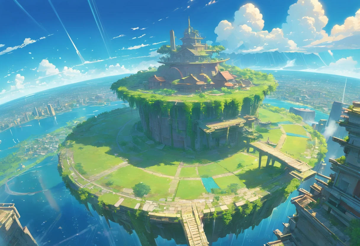 floating island, Decaying ruined cities and land in the sky, where once a prosperous city was formed, but the buildings made of stone and wood have decayed and are dominated by the life force of plants and trees. Ancient ruins, uninhabited, a paradise for birds, Artificial fountains, overhead view from a distance, angles from the sky, fantasy worlds,