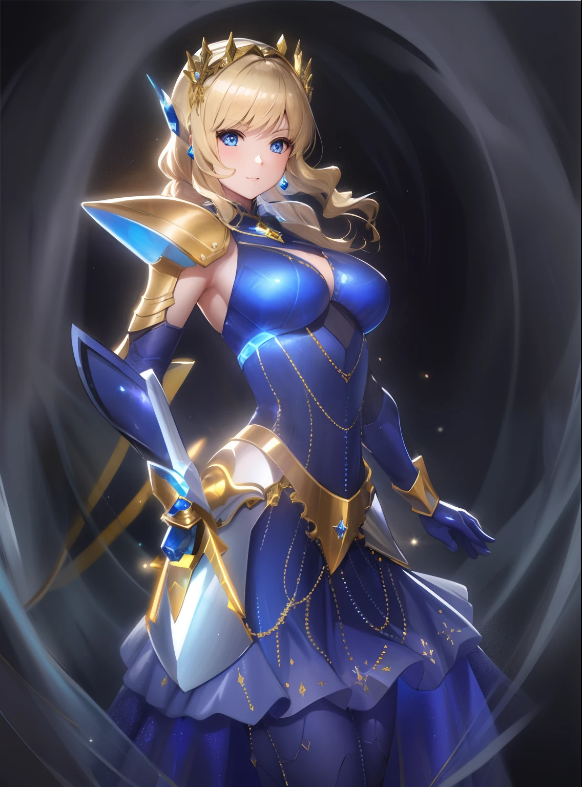 Woman in dress and gloves with sword standing, a blonde girl, knights of zodiac girl, portrait knights of zodiac girl, In shining sapphire armor, oppai, huge tit, with large breasts, seductive princess knight, Dressed in light armor, Dress Armor Girl, Princess Knight, Shiny sapphire armor, Glossy sapphire armor, princess intergalactica, Crystal Sapphire Armor, Sapphire Princess, Sapphire reflective armor, smooth anime cg art, Sapphire armor, High Quality Anime Art Style