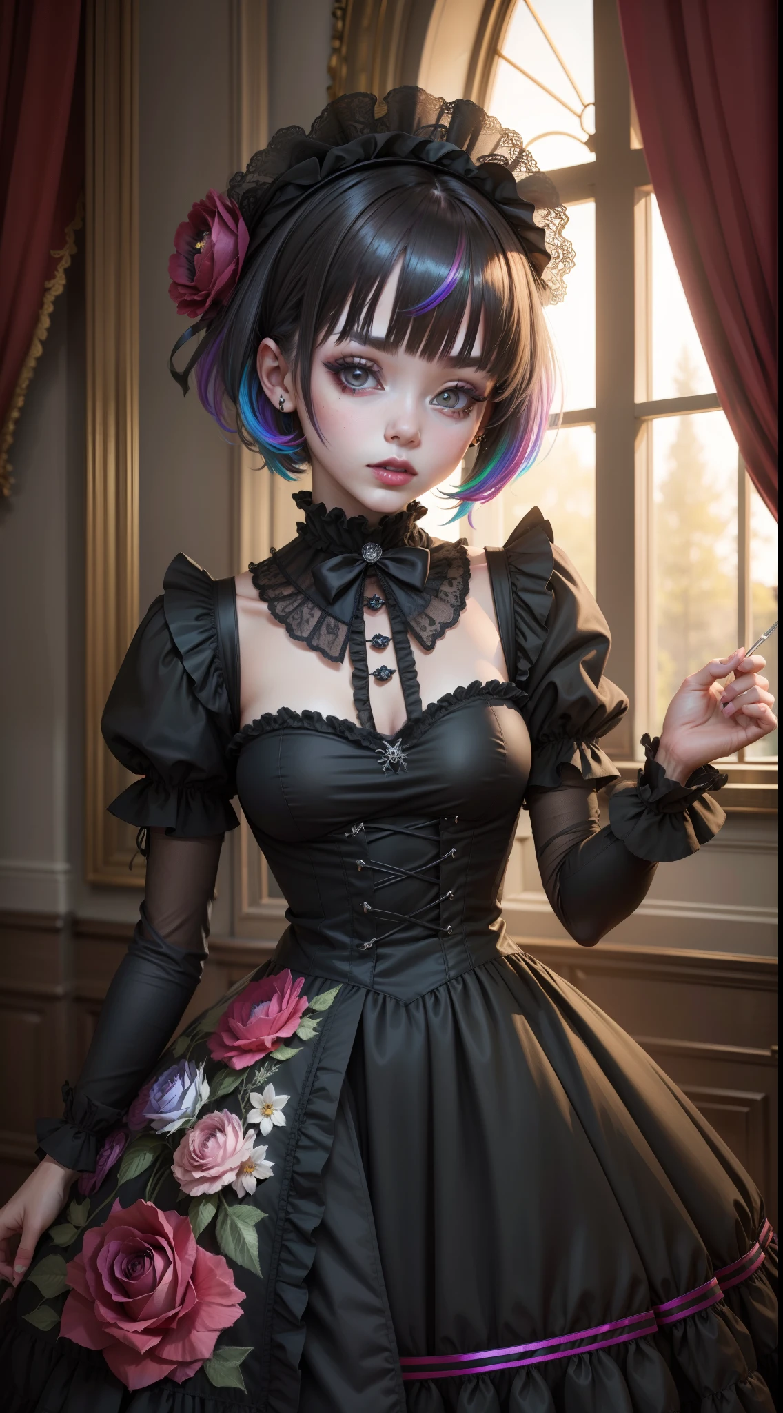 Masterpiece, Best quality,1girll,GothGal,Frilled dress 8K,A high resolution, ( flower_Styler:1.2)(rainbow-candy:1.2)