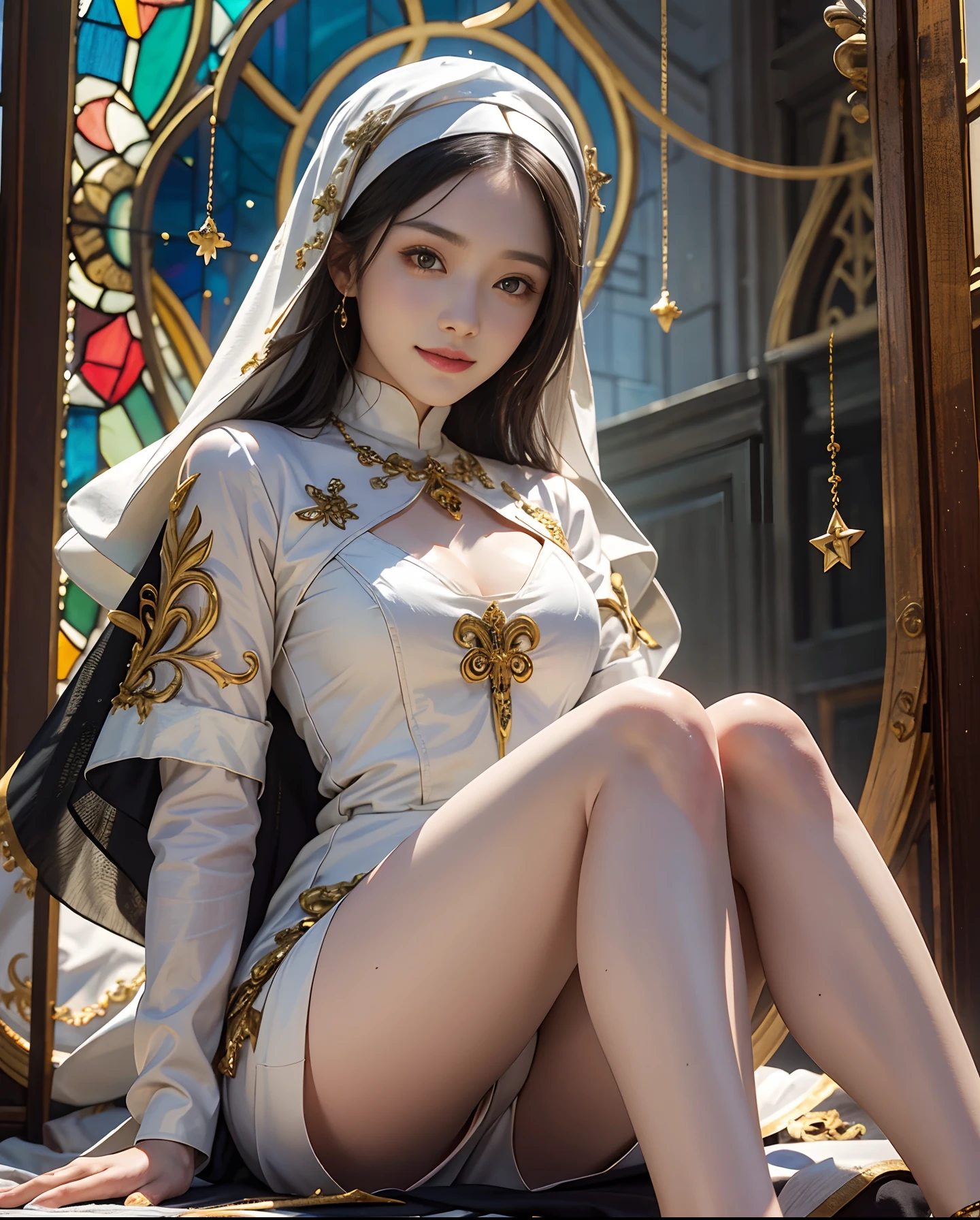 masutepiece、hight resolution、Nun costume、25Old Female、1girl with、Beautiful Sister、9th class、Look at the viewer、smil、Okappa、The background is a monastery、Glitter background、Beautiful stained glass、the skin is white and transparent、Beautiful nun praying to God、Angel Smile、the skin is white and transparent、legs are thin and beautiful,high-heels、Gold Anklet、Stand and watch us、Shot looking down from a high position、
