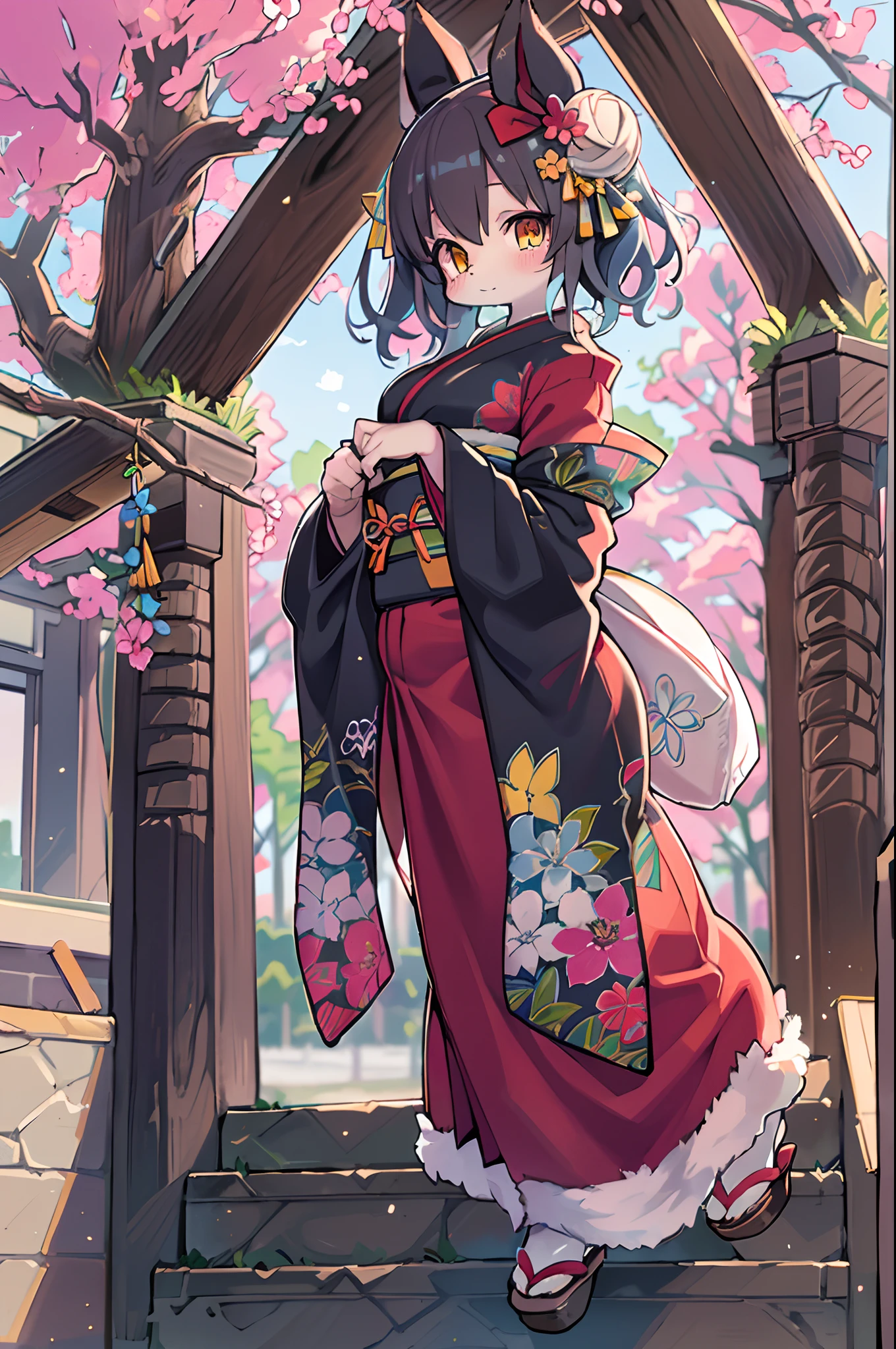 ((masutepiece,Best Quality)),2girls, Black kimono, Black legwear, a black ribbon, Black hair, cherryblossom, day, flower, Hair bun, Hair Ribbon, komono, Kimono, Long hair, Looking at Viewer, Looking back , Multiple girls, a belt, Outdoors, Red Eyes, Red hair, bow ribbon, Sandals, single bun, stairs, Standing, Statue, torii, tree, White kimono, Yellow eyes、body covered with fur、huge-breasted、thighs thighs thighs thighs,、bbw、big butts、Ultramammy