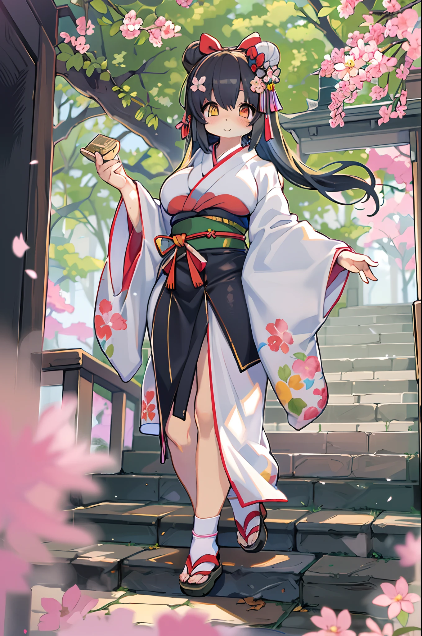 ((masutepiece,Best Quality)),2girls, Black kimono, Black legwear, a black ribbon, Black hair, cherryblossom, day, flower, Hair bun, Hair Ribbon, komono, Kimono, Long hair, Looking at Viewer, Looking back , Multiple girls, a belt, Outdoors, Red Eyes, Red hair, bow ribbon, Sandals, single bun, stairs, Standing, Statue, torii, tree, White kimono, Yellow eyes、body covered with fur、huge-breasted、thighs thighs thighs thighs,、bbw、big butts、Ultramammy