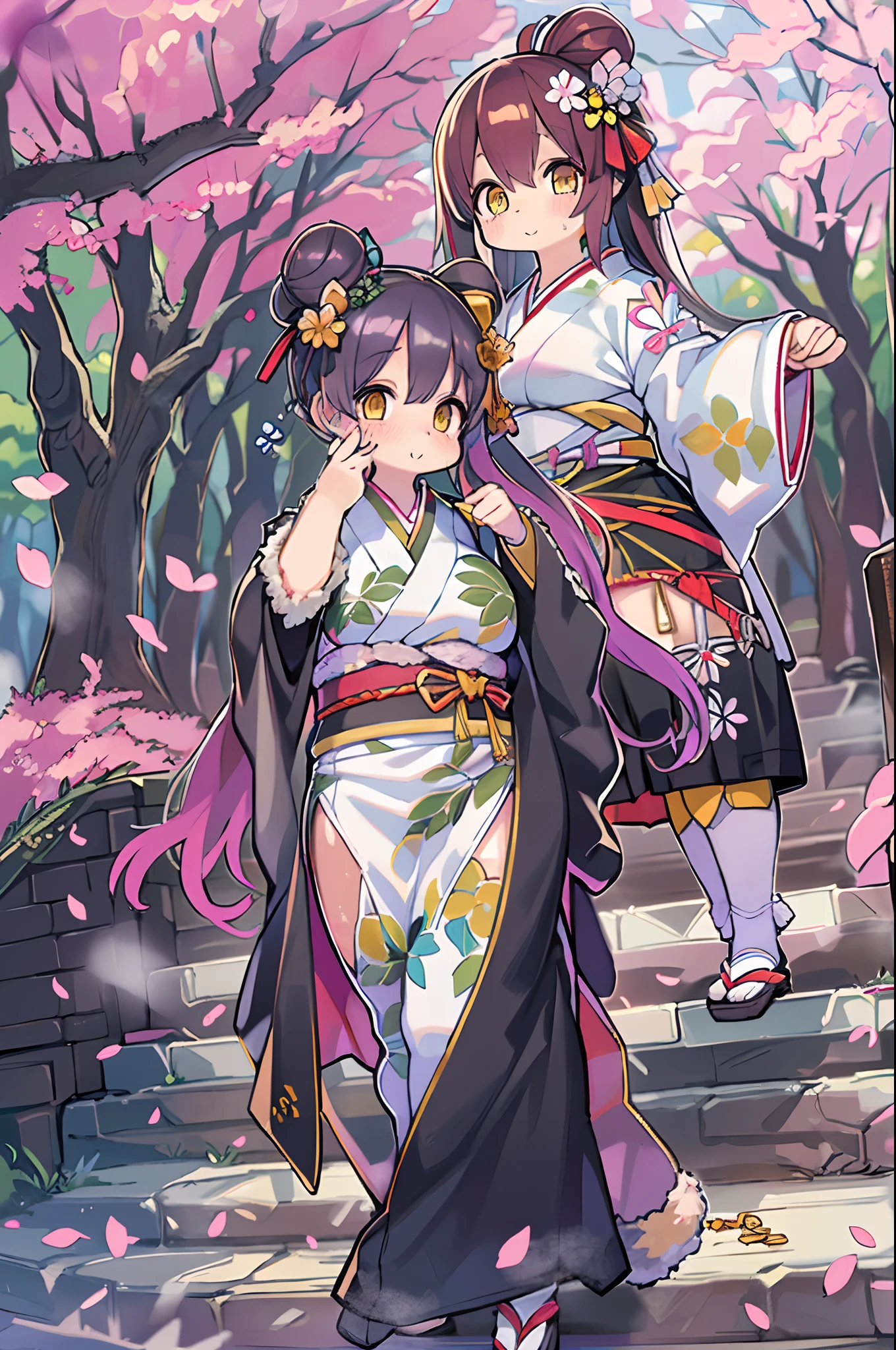 ((masutepiece,Best Quality)),2girls, Black kimono, Black legwear, a black ribbon, Black hair, cherryblossom, day, flower, Hair bun, Hair Ribbon, komono, Kimono, Long hair, Looking at Viewer, Looking back , Multiple girls, a belt, Outdoors, Red Eyes, Red hair, bow ribbon, Sandals, single bun, stairs, Standing, Statue, torii, tree, White kimono, Yellow eyes、body covered with fur、huge-breasted、thighs thighs thighs thighs,、bbw、big butts、Ultramammy